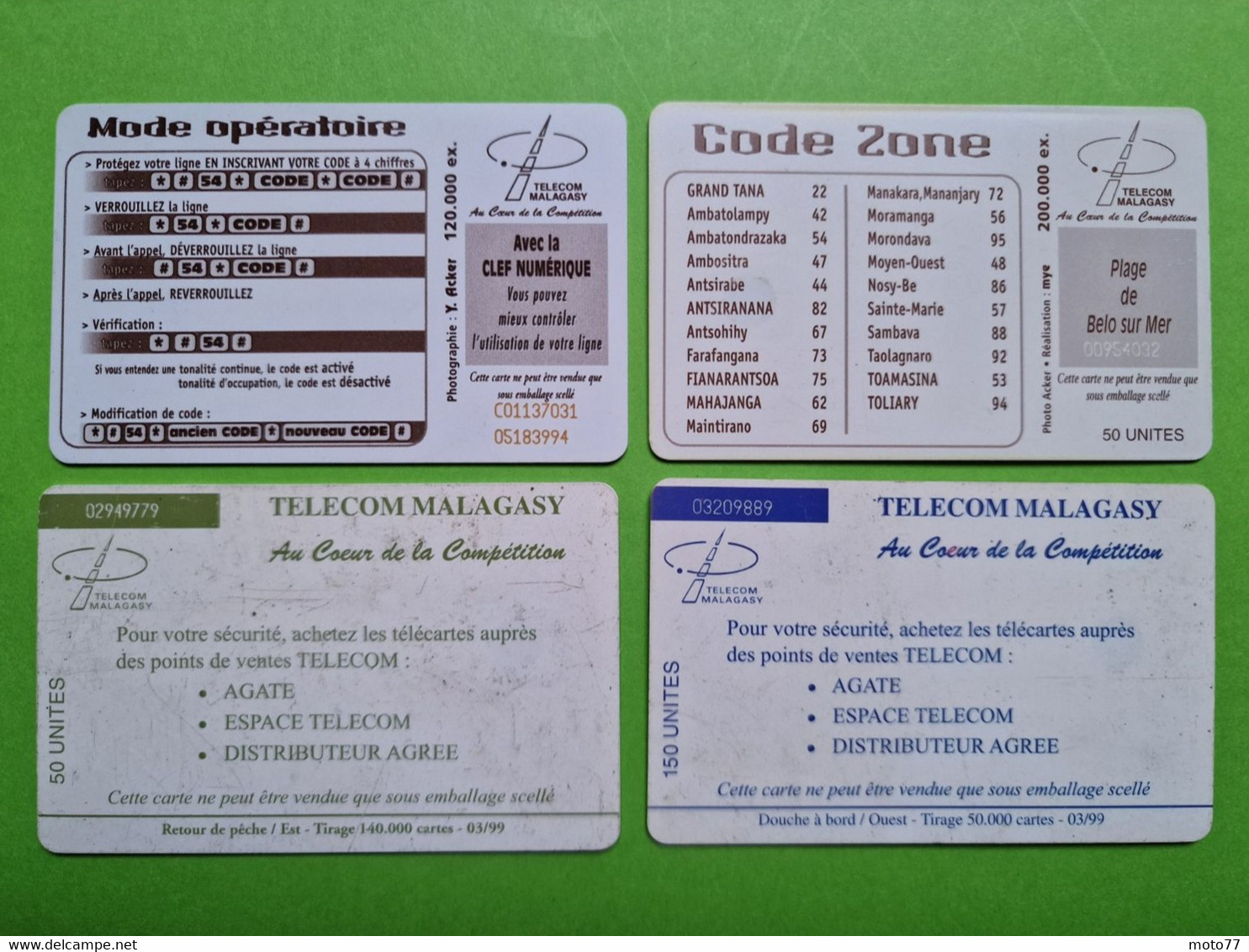 Lot 4 cartes téléphonique MADAGASCAR - VIDE - Télécarte Cabine téléphone - Paysages Mer Pirogue Pêcheur Plage - 1999