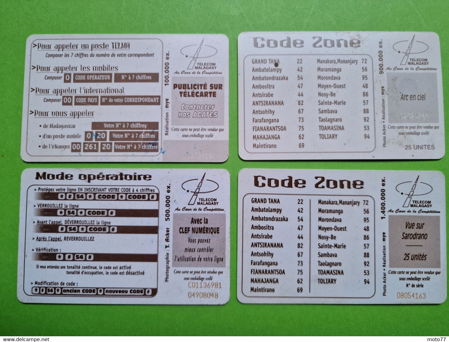 Lot 4 cartes téléphonique MADAGASCAR - VIDE - Télécarte Cabine téléphone - Paysages Mer Canal Mozambique Sarodrano
