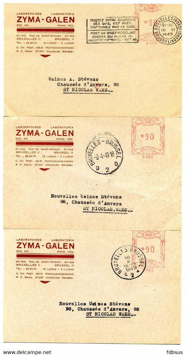 1949 3 Kaarten Laboratoria ZYMA GALEN Brussel II Naar St. Niklaas - Gefr. 90c - ...-1959