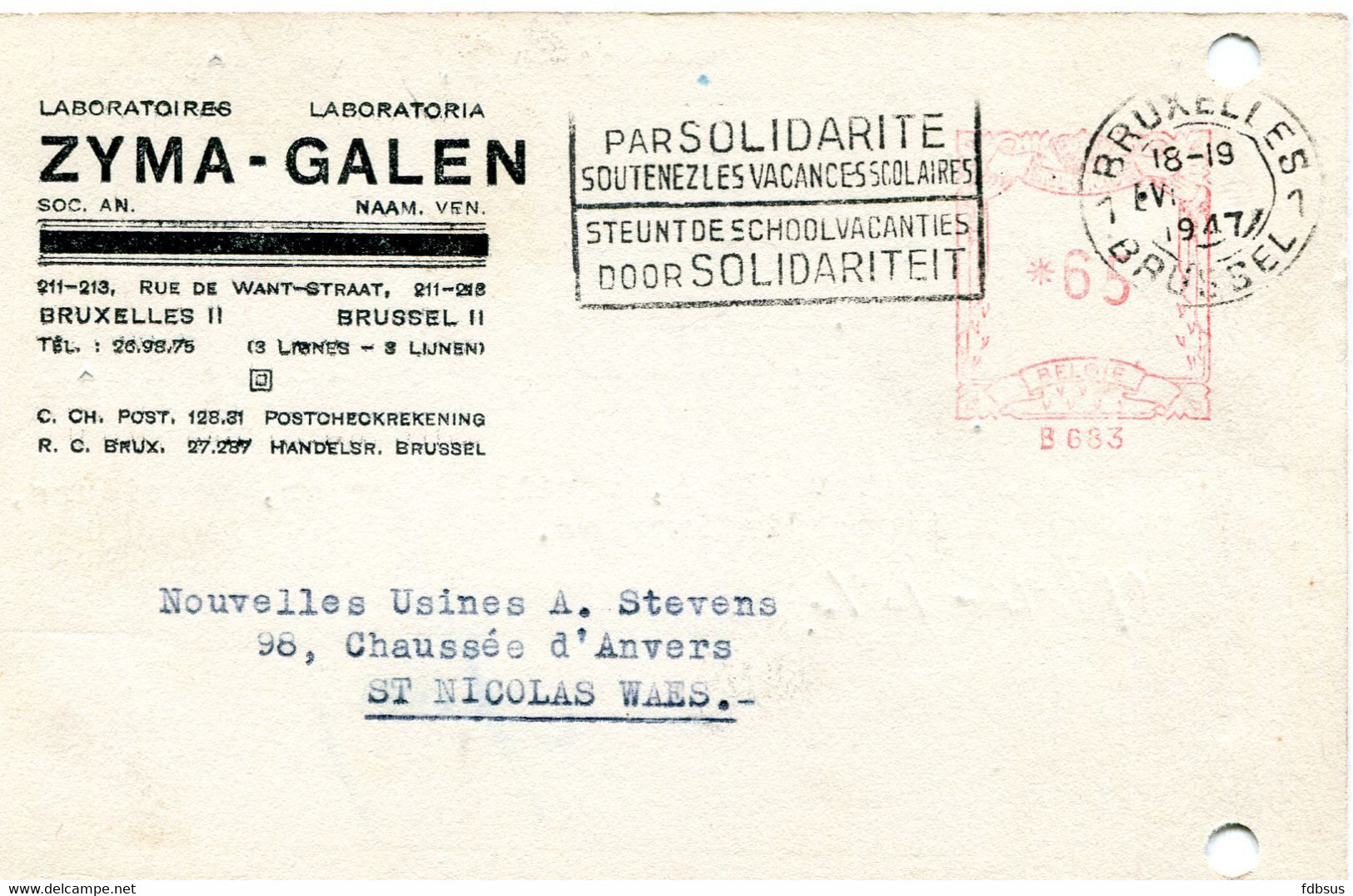 1947 Kaart Laboratoria ZYMA GALEN Brussel II Naar St. Niklaas - ...-1959