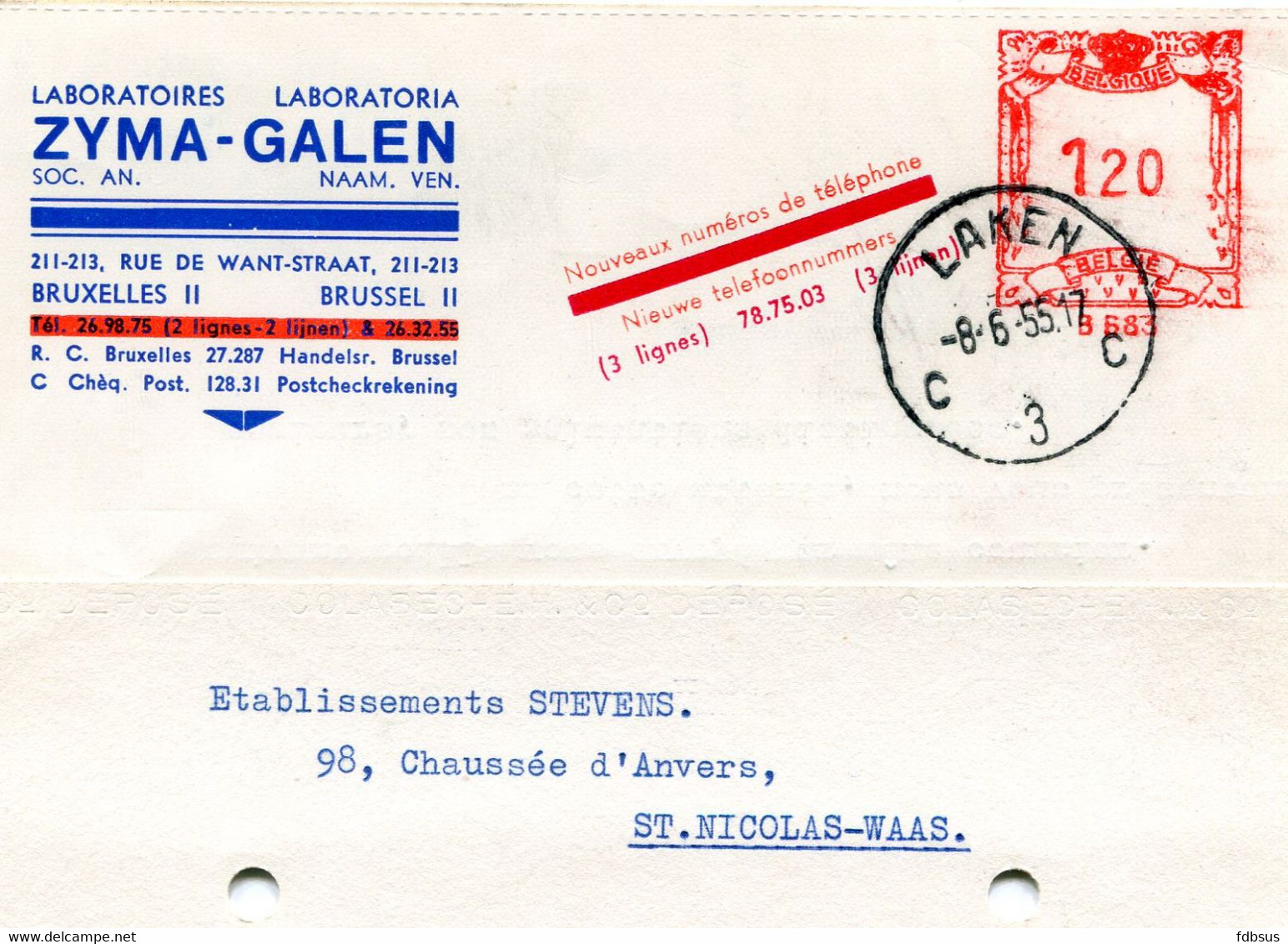 1955 Kaart Laboratoria ZYMA GALEN Brussel II Naar St. Niklaas - Stempel LAKEN C 3 C - Gefr. 1.20 - ...-1959