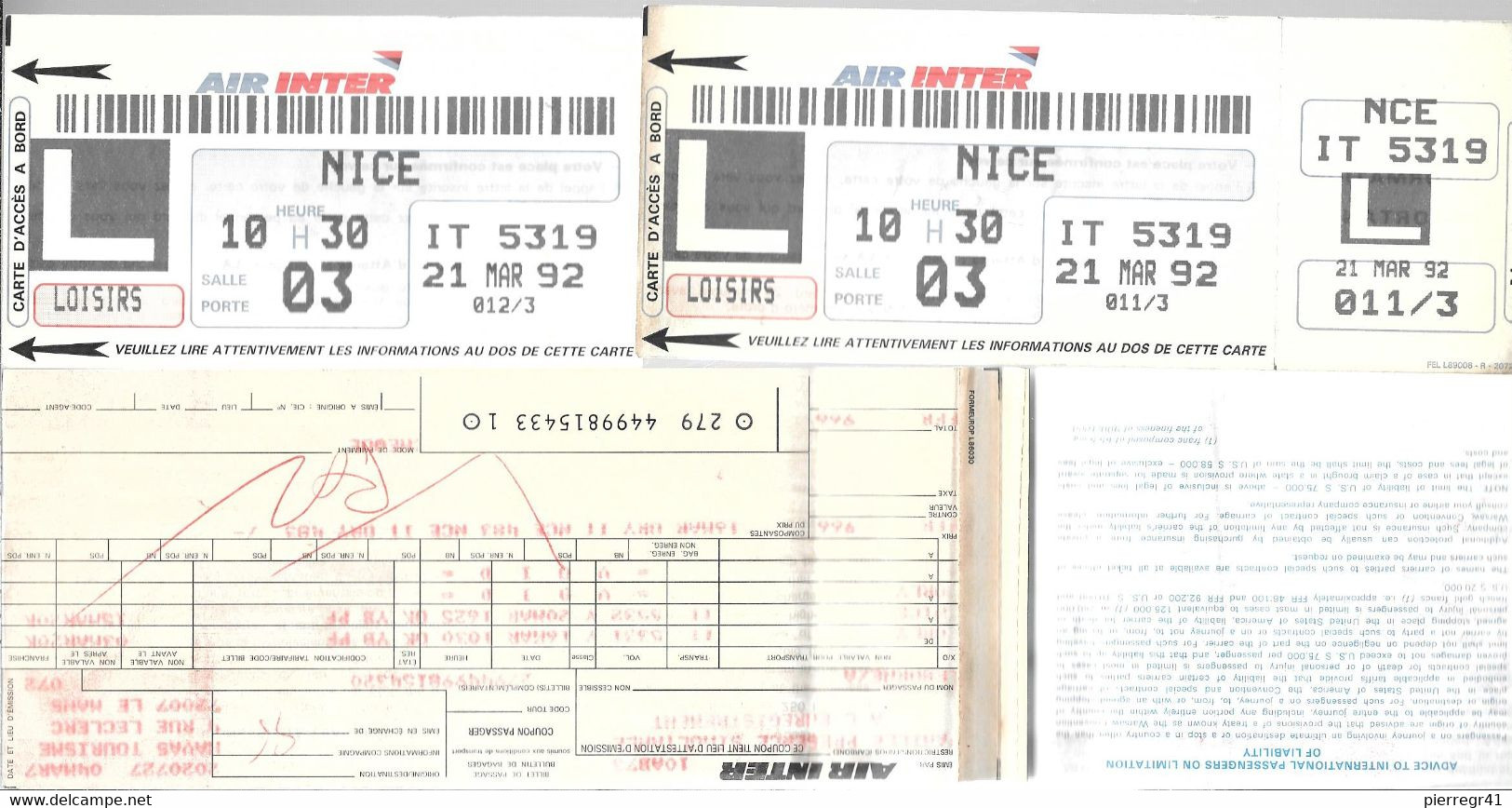 BILLET AVION--Cie AIR INTER-1992-VOL AIR INTER-PARIS ORLY/NICE/PARIS ORLY-+Guide N°1-1990-Passerelle-TBE-RARE - Europa