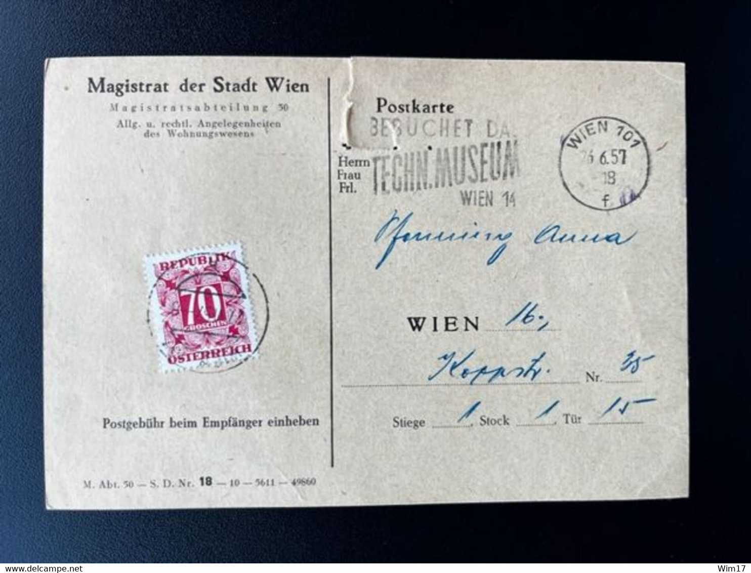 AUSTRIA 1957 TAXED POSTCARD WIEN TO WIEN 26-06-1957 OOSTENRIJK OSTERREICH PORTO POSTGEBUHR - Lettres & Documents