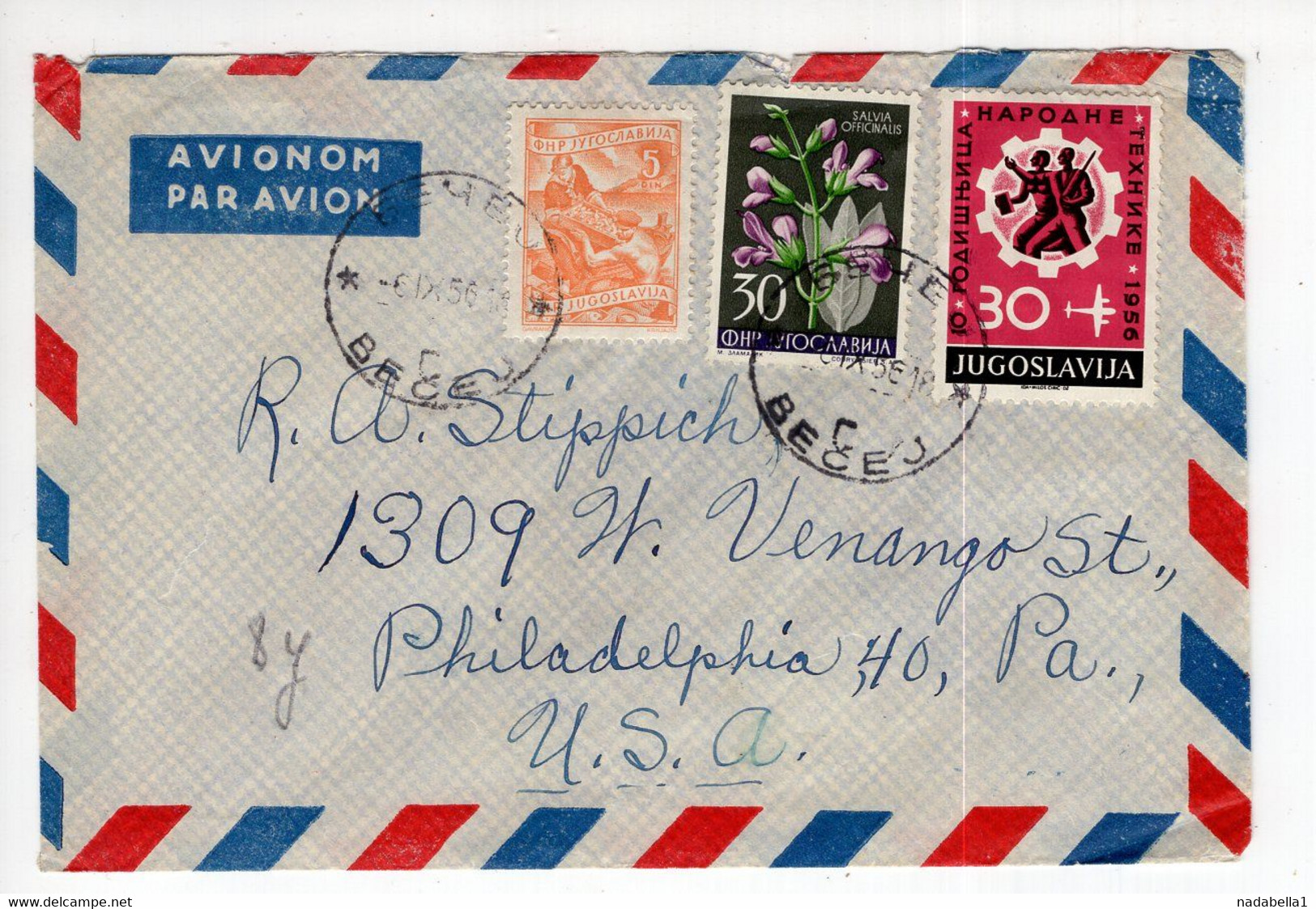 1956. YUGOSLAVIA,SERBIA,BECEJ AIRMAIL COVER TO US,SALVIA OFFICINALIS STAMP,HERBS,FLOWERS - Luftpost