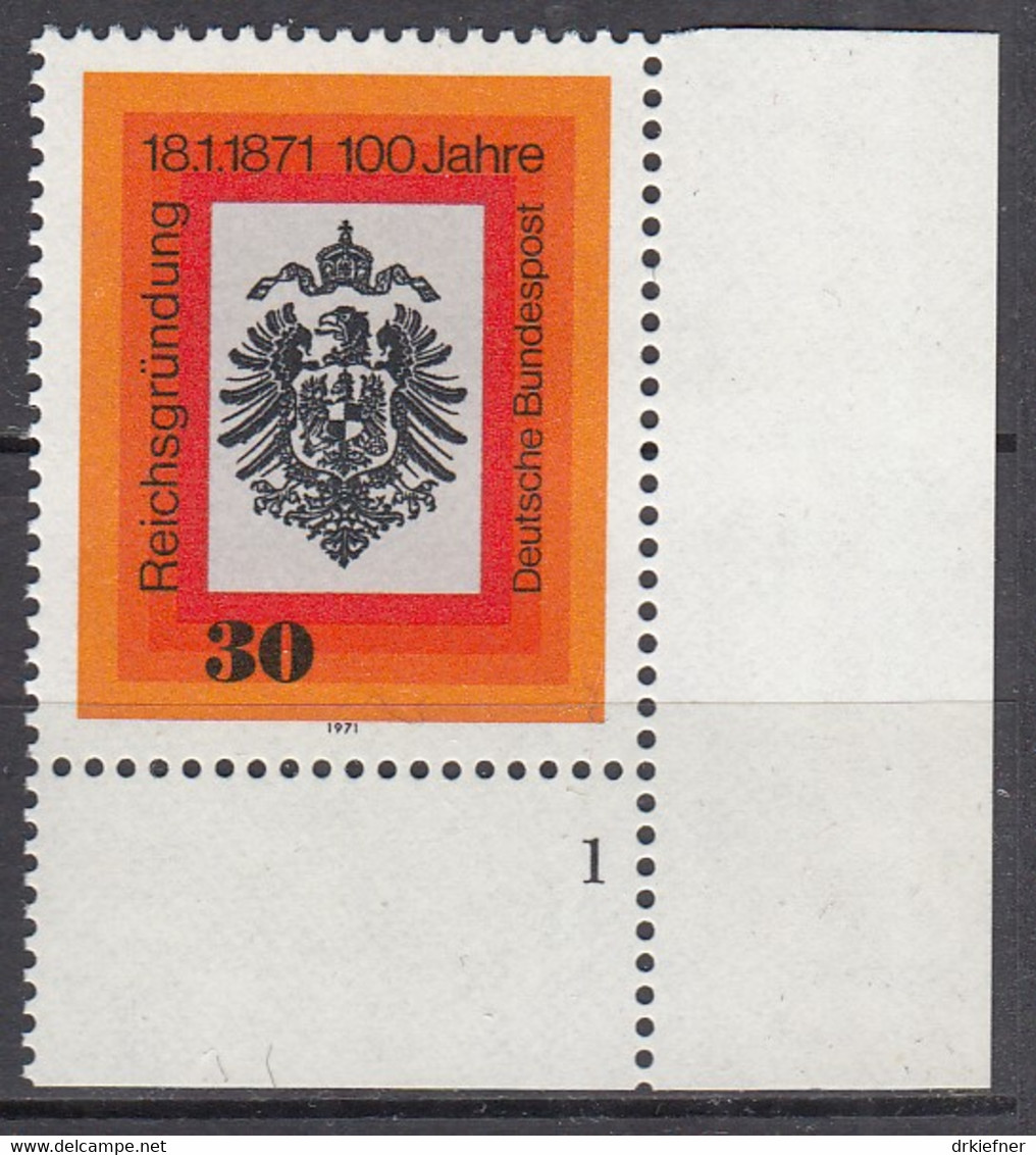 BRD  658, Eckrand Unten Rechts Mit Formnummer "1", Postfrisch **, Reichsgründung, 1971 - Ungebraucht