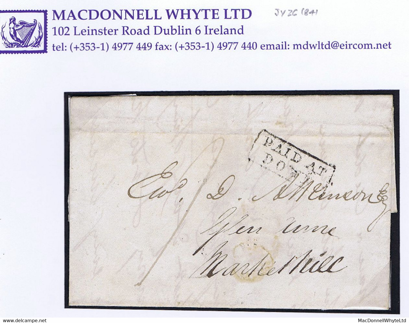 Ireland Down Uniform Penny Post 1841 Letter To Markethill Paid "1" Boxed PAID AT/DOWN, Cds DOWN JY 26 1841 - Préphilatélie