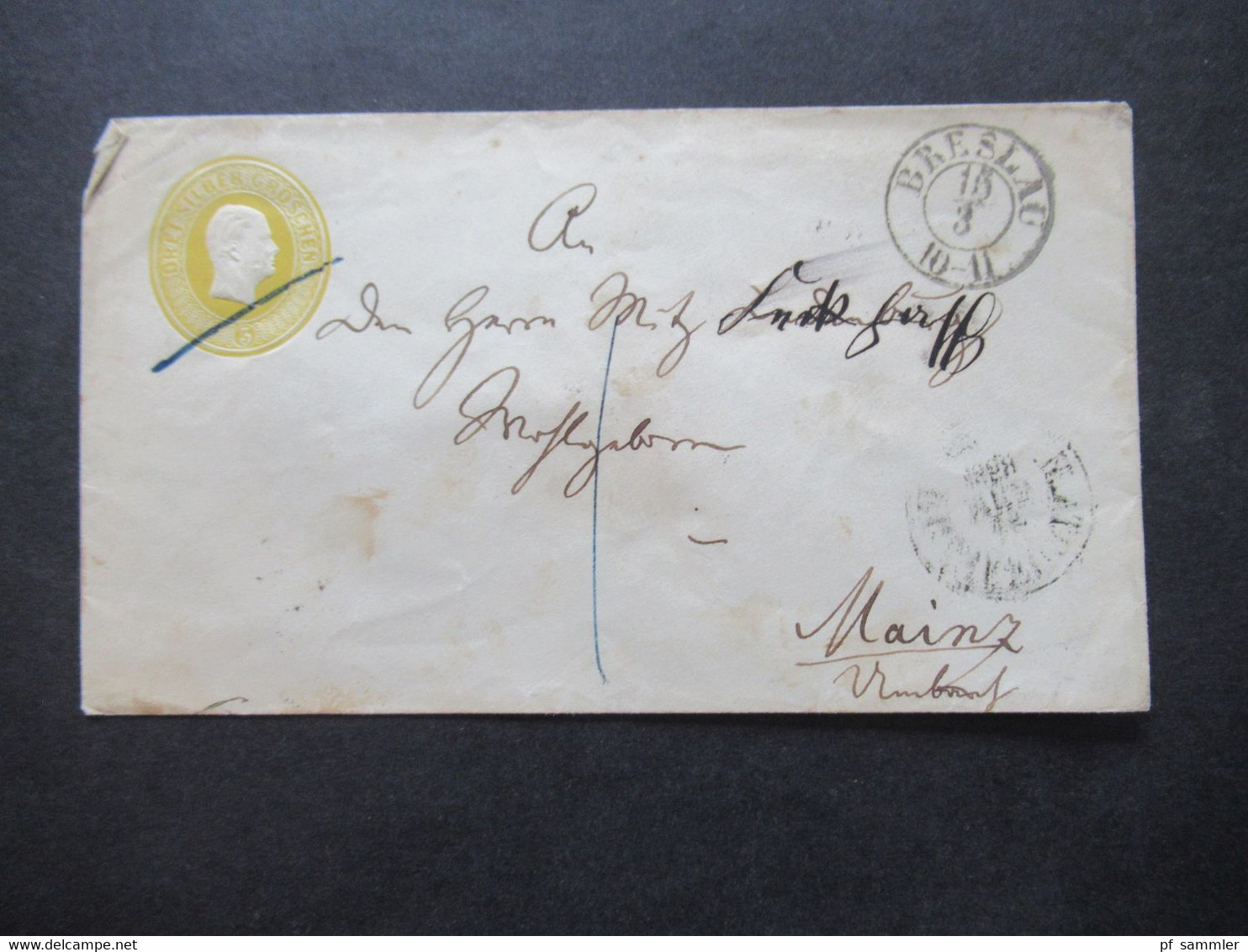 AD Preußen Um 1855 Ganzsachen Umschlag 3 Silbergroschen U 13 A Stempel K2 Breslau Nach Mainz Mit Taxvermerk - Entiers Postaux