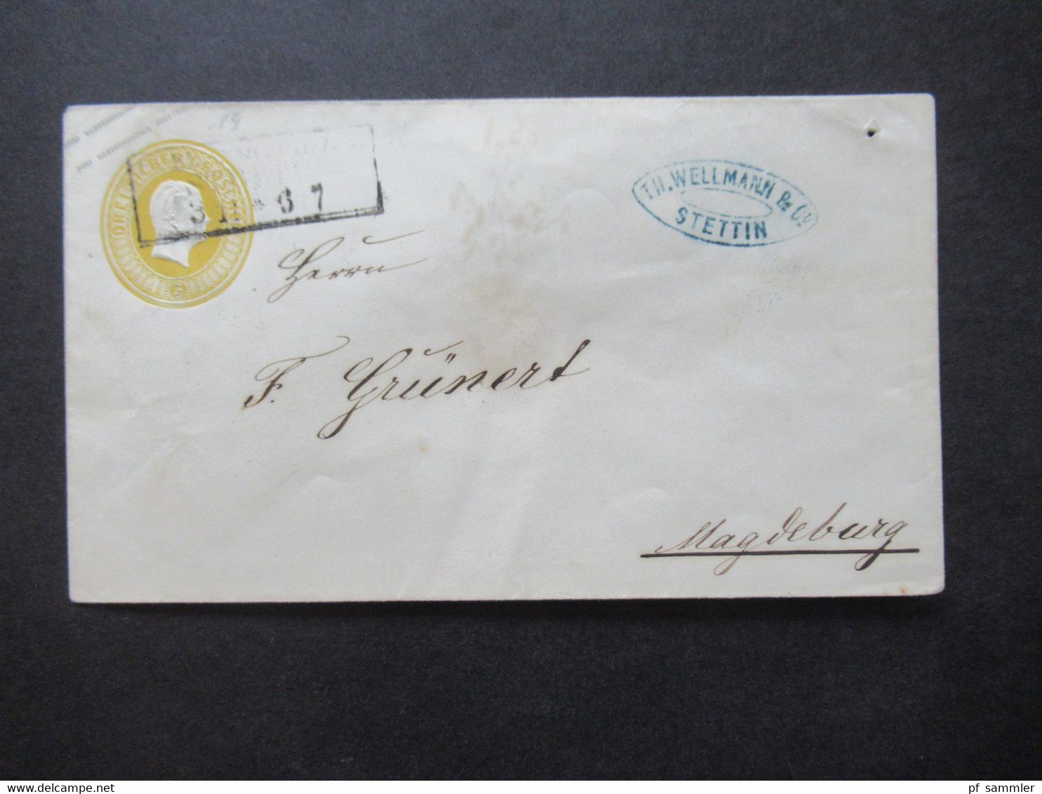 AD Preußen Um 1855 Ganzsachen Umschlag 3 Silbergroschen U 19 Stempel Ra3 Stettin / Abs. Th. Wellmann & Co. Stettin - Entiers Postaux