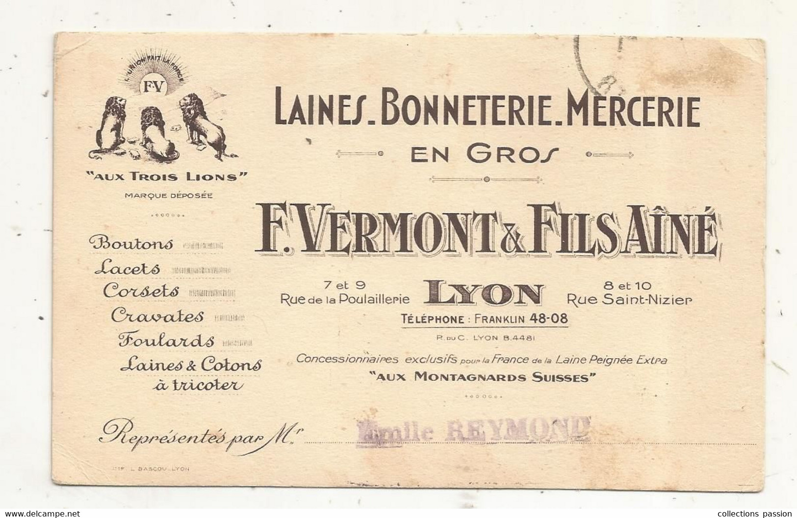 Carte De Visite, Bonneterie , Mercerie, F. Vermont & Fils Ainé,  LYON - Visitekaartjes