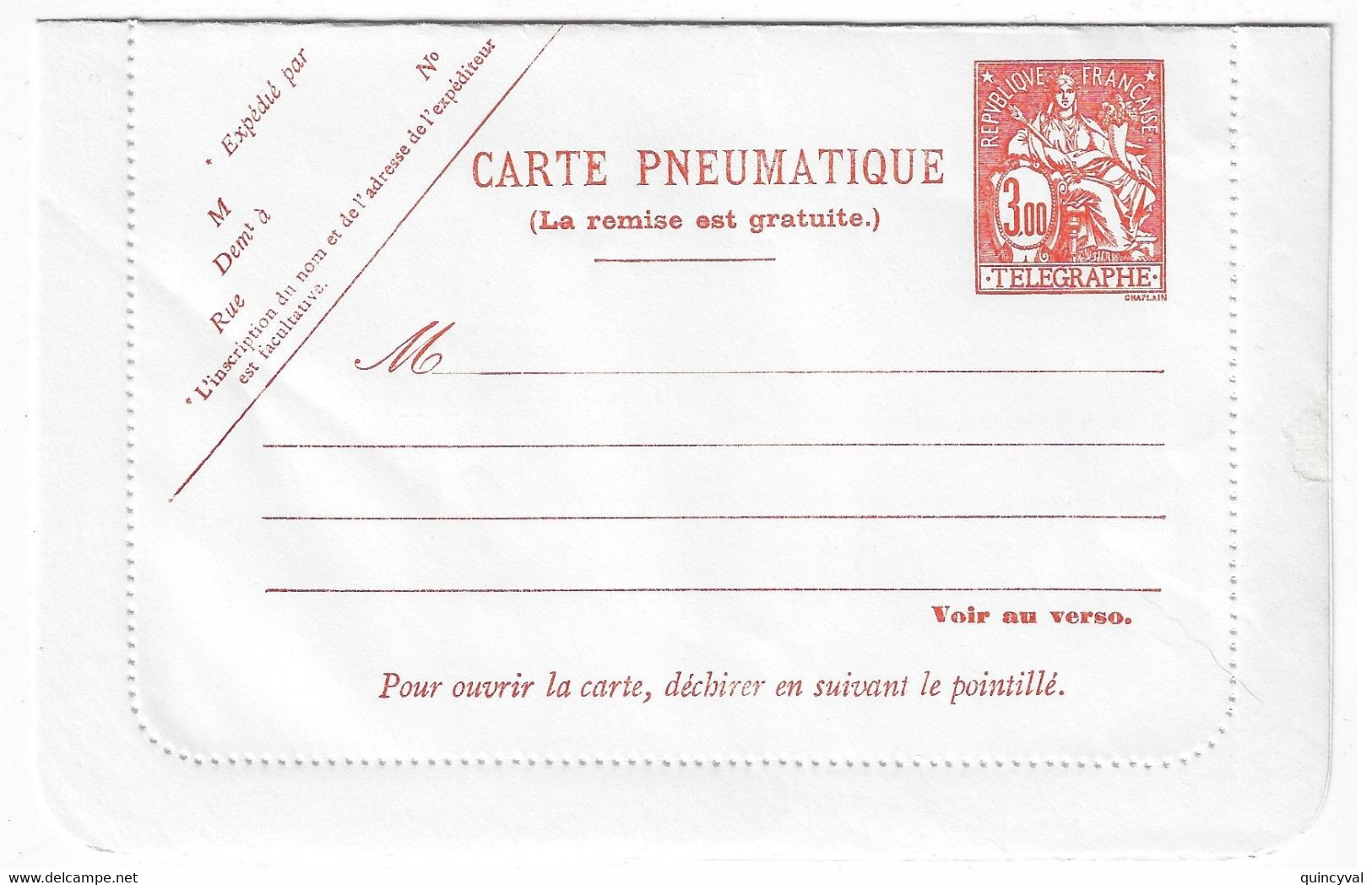 3,00 F Chaplain Carte-lettre Yv 2622 Storch V15 - Pneumatische Post