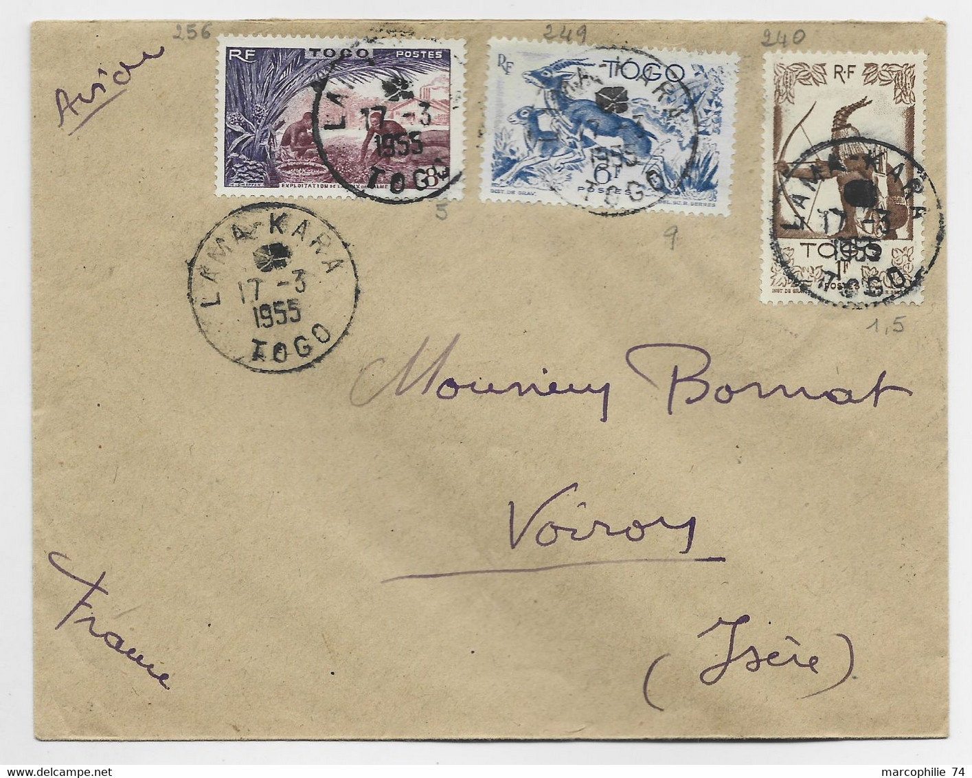 TOGO 8FR+6FR+1FR LETTRE COVER AVION LEMA KARA 17.3.1955 TOGO TO ISERE - Cartas & Documentos