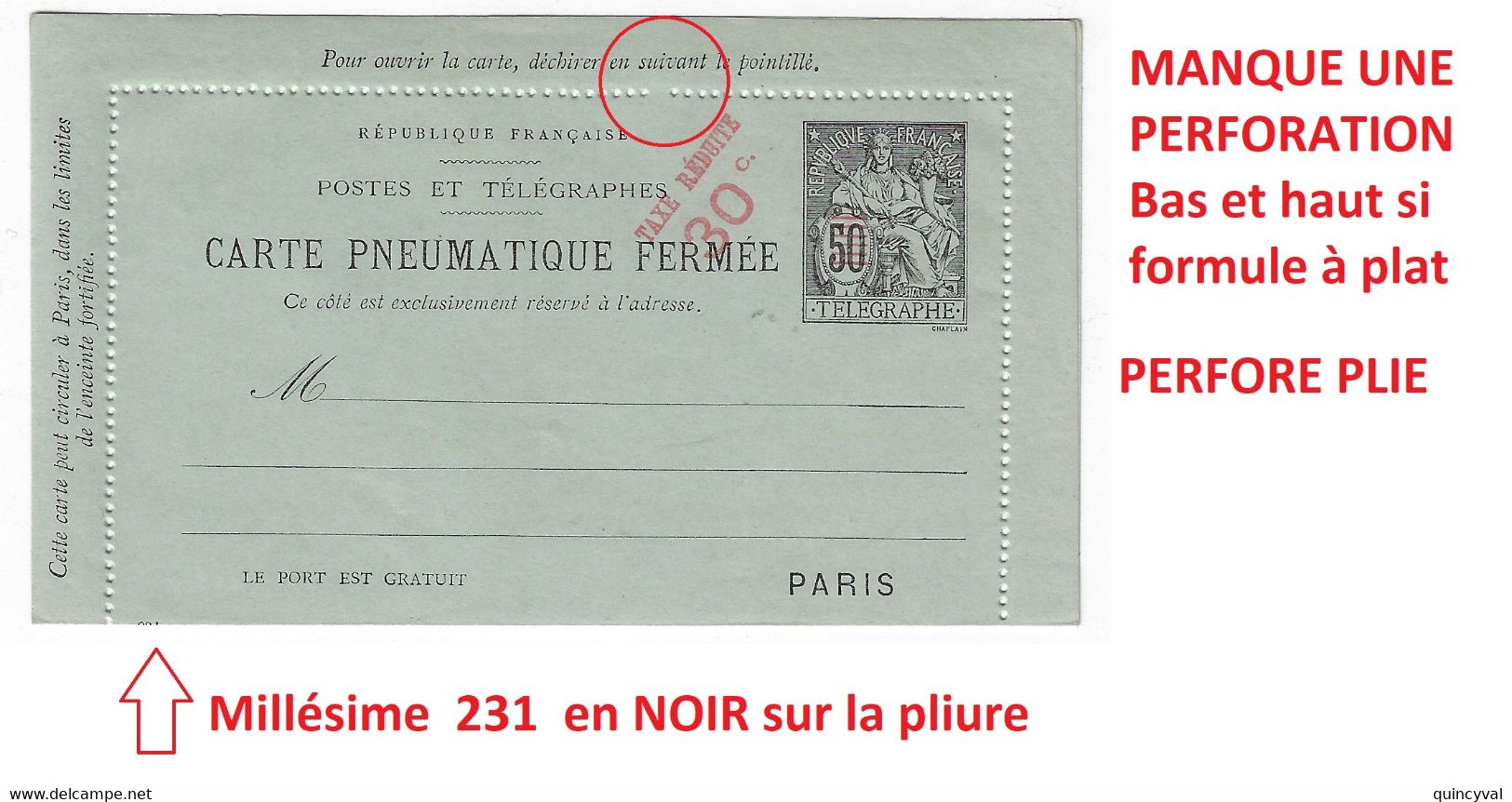 30c/50c Chapalin Carte Lettre Yv 2768 Taxe Réduite 30c/50c Manque Une Perforation En Haut Et Bas Millésime 231 Dans Pli - Pneumatic Post