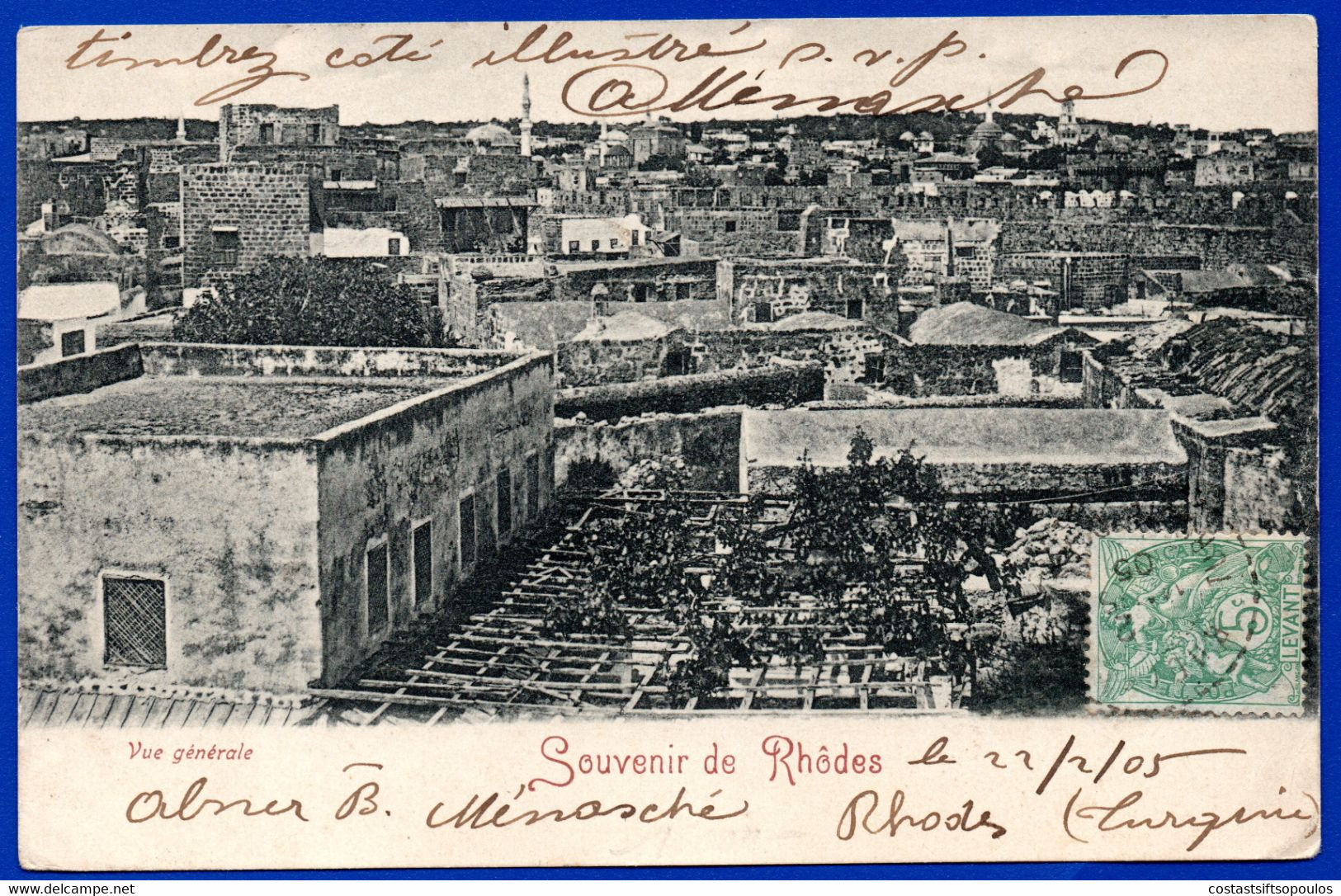 1403.GREECE, DODECANESE, FRANCE, LEVANT. 1905 REAL PHOTO POSTCARD FROM RHODES TO BELGIUM - Dodécanèse