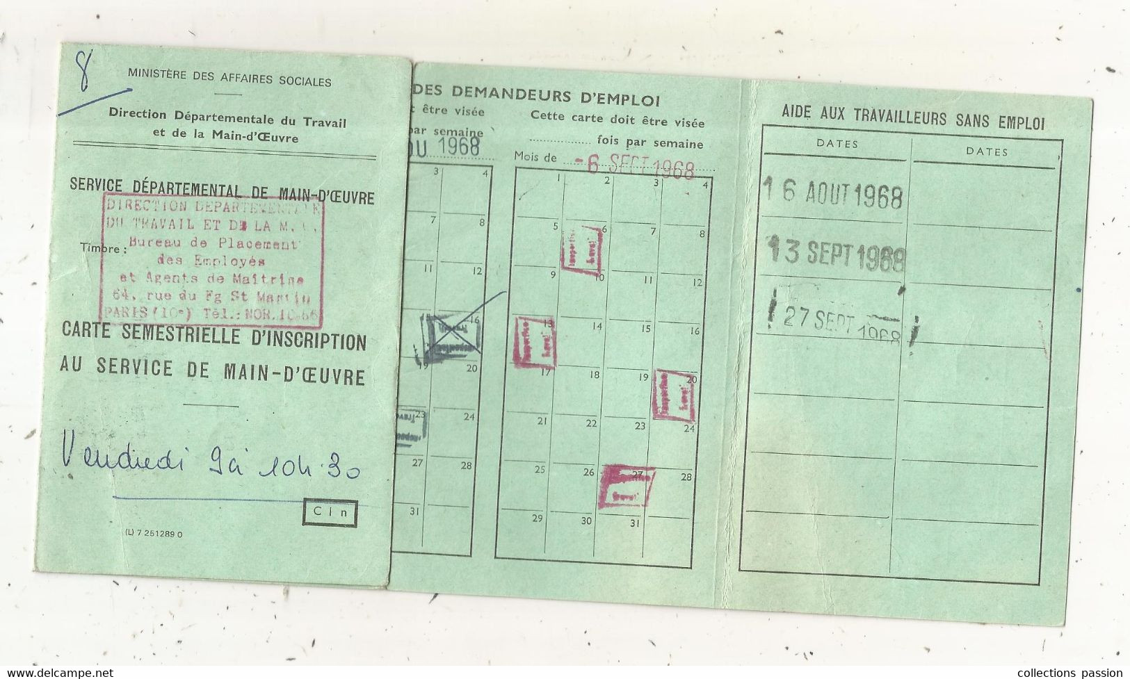 Carte Semestrielle D'inscription Au Service De Main-d'oeuvre, 8 Pages,1968, 4 Scans,frais Fr 1.65 E - Ohne Zuordnung