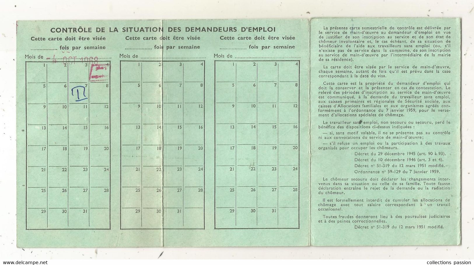 Carte Semestrielle D'inscription Au Service De Main-d'oeuvre, 8 Pages,1968, 4 Scans,frais Fr 1.65 E - Ohne Zuordnung