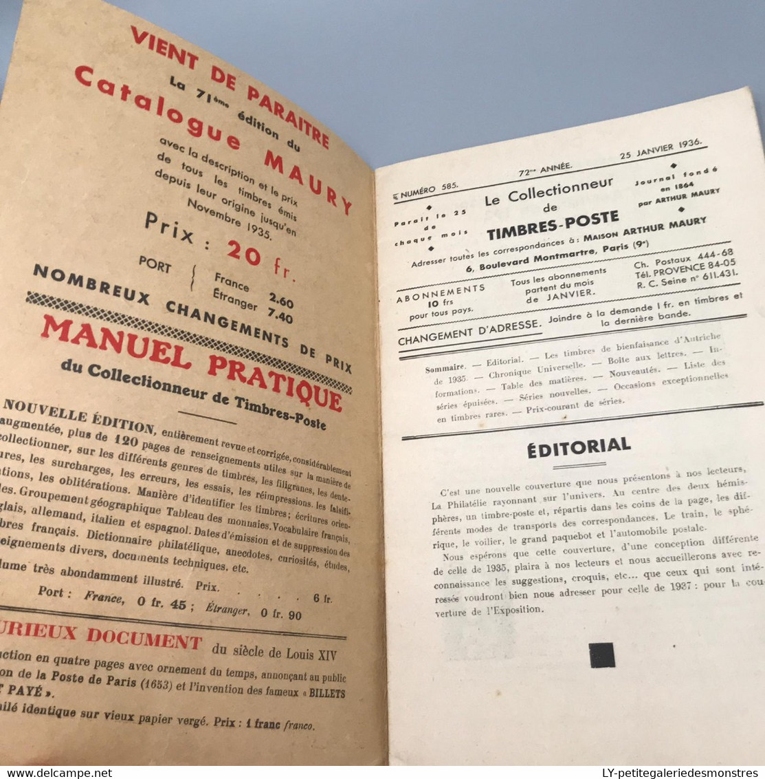 #RV8 - Le Collectionneur De Timbres-Poste Catalogue A. Maury - N°585 Janvier 1936 - Auktionskataloge