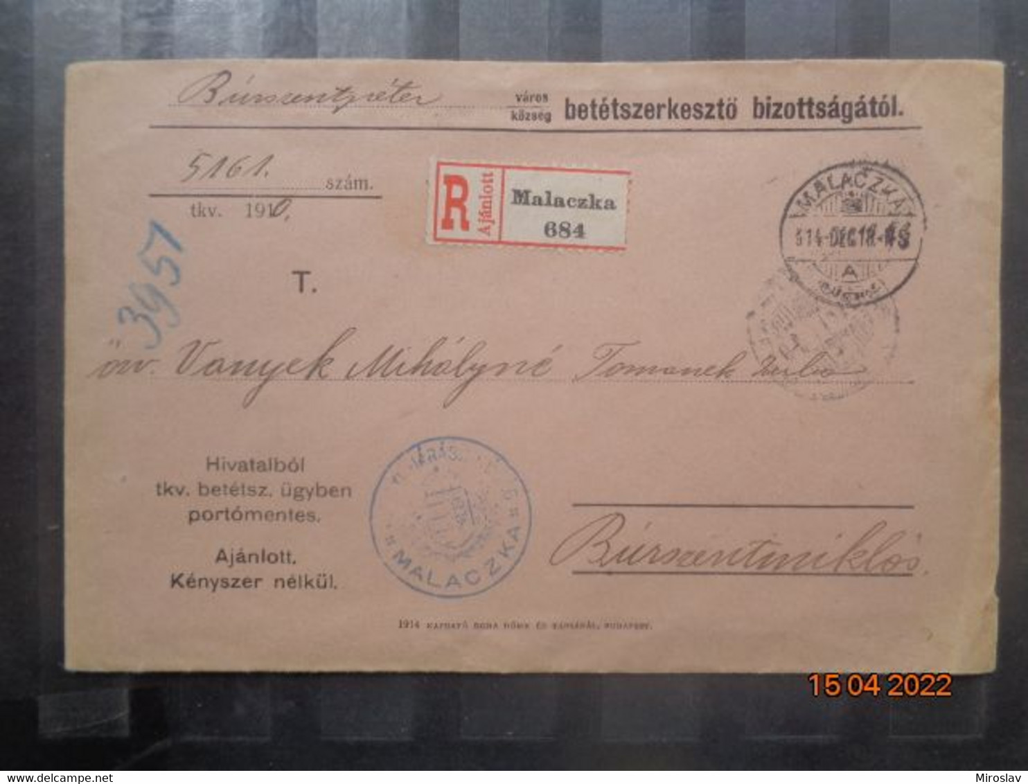 ČESKOSLOVENSKO  -  MALACKY - MALACZKA   DO   BÚROSZENTMIKLÓS - BORSKÝ SV. MYKULÁŠ - ...-1918 Prephilately