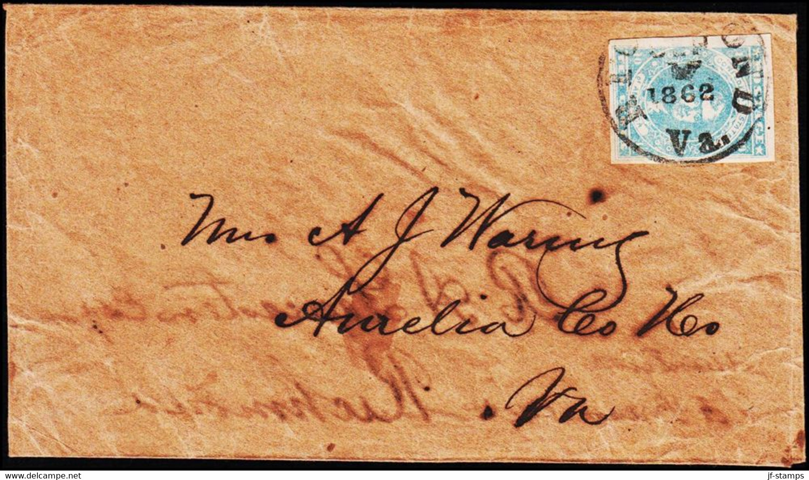 1862. Jefferson 10 Cents Hoyer & Ludwig. RICHMUND VA. SEP. 12 1862. On Turned Cover To Aurelia ... (Michel 2) - JF124227 - 1861-65 Etats Confédérés