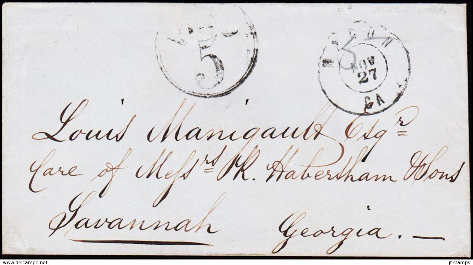 1861. MACON GA, NOV 27 Double Circle Date Stamp (Dietz Type V.__ With Matching 5 In Circle Handstamp. Adre... - JF124229 - 1861-65 Stati Confederati