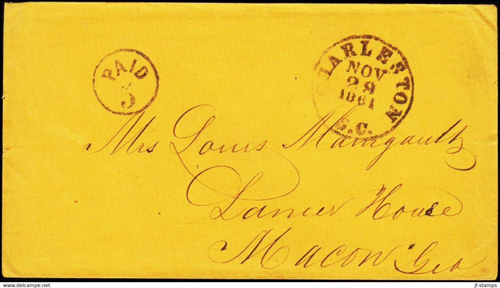 1861. CHARLESTON S.C. NOV 29 1861. With Matching PAID 5 Handstamp In Circle. Adressed To Mrs. Louis Maniga... - JF124230 - 1861-65 Confederate States