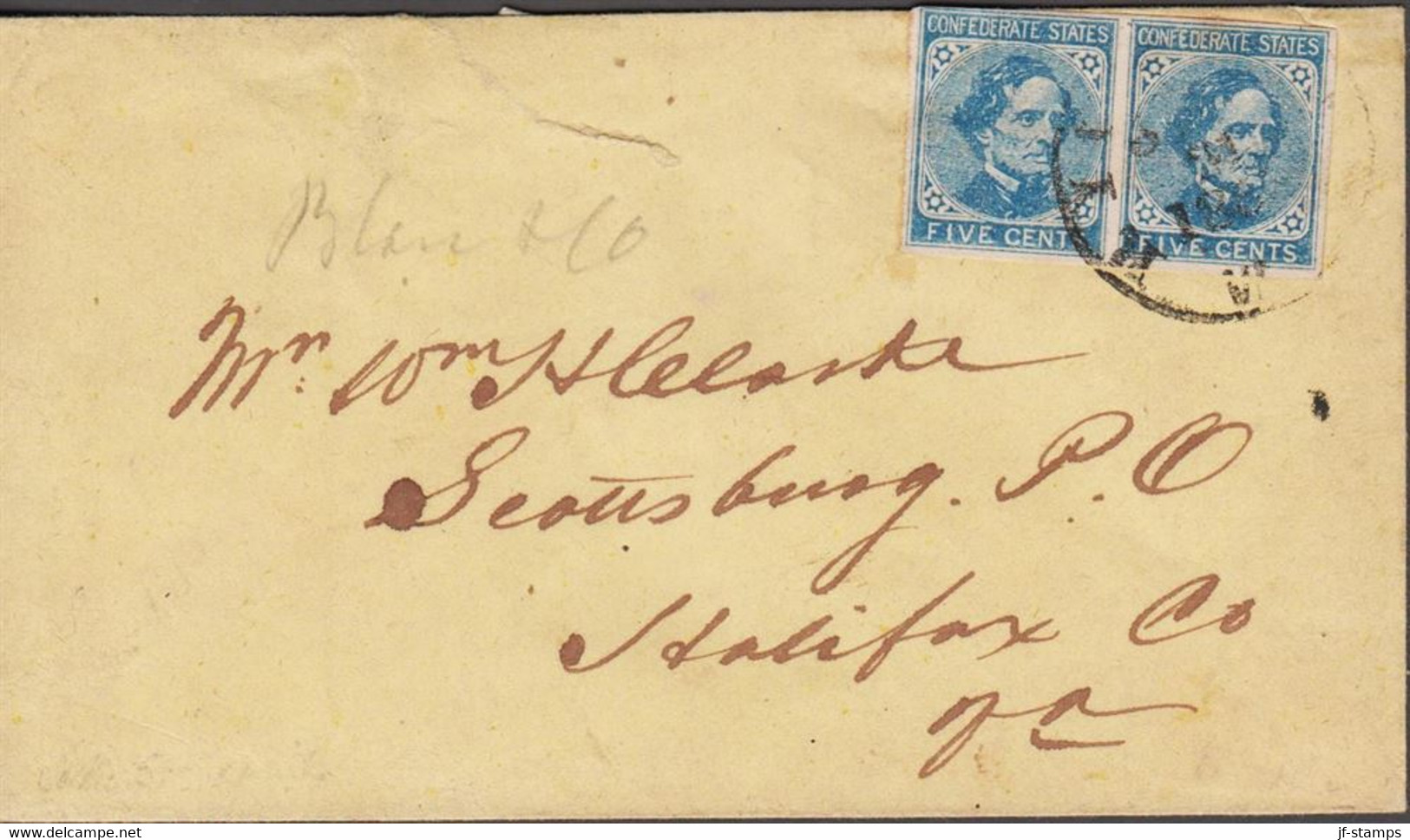 1862. The Confederate States America. Jefferson FIVE CENTS. Beautiful Rare Pair On Yellow Cover... (Michel 7) - JF529336 - 1861-65 Etats Confédérés