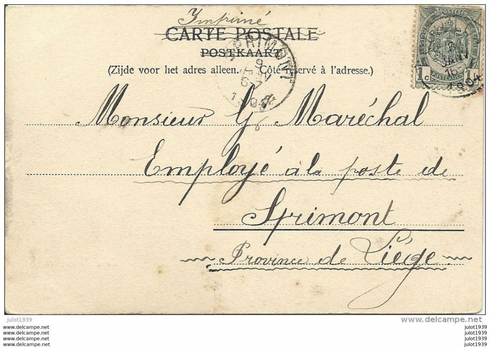 BOUILLON ..-- Nels 40 , N° 140 . 1904 Vers SPRIMONT ( Mr G. MARECHAL , Employé Poste ) . Voir Verso . - Bouillon