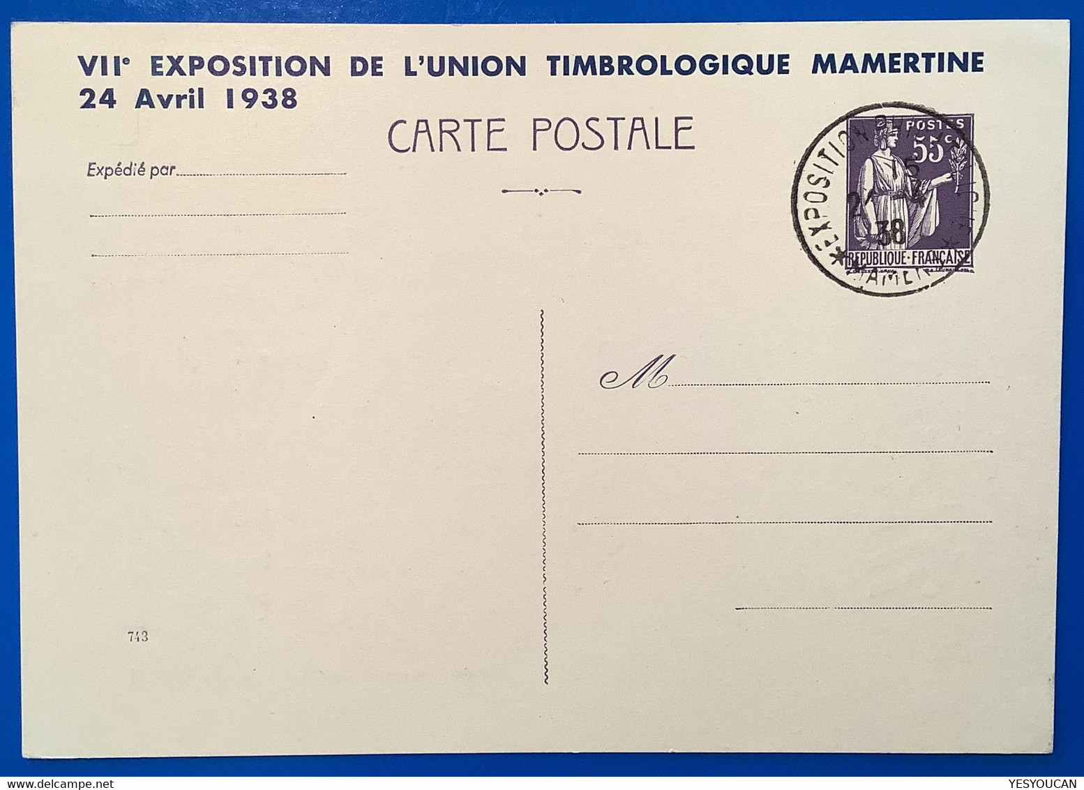1938 France Entier Postal CP 55c Type Paix VIIe EXPOSITION PHILATELIQUE MAMERS (Sarthe Philatelic Exhibition - Standard Postcards & Stamped On Demand (before 1995)