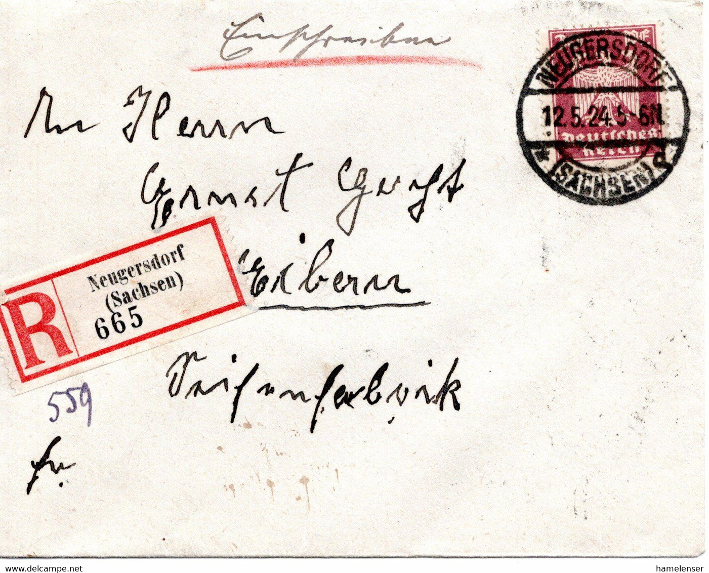 56927 - Deutsches Reich - 1924 - 30Pfg Adler EF A R-Bf NEUGERSDORF -> EIBAU - Lettres & Documents