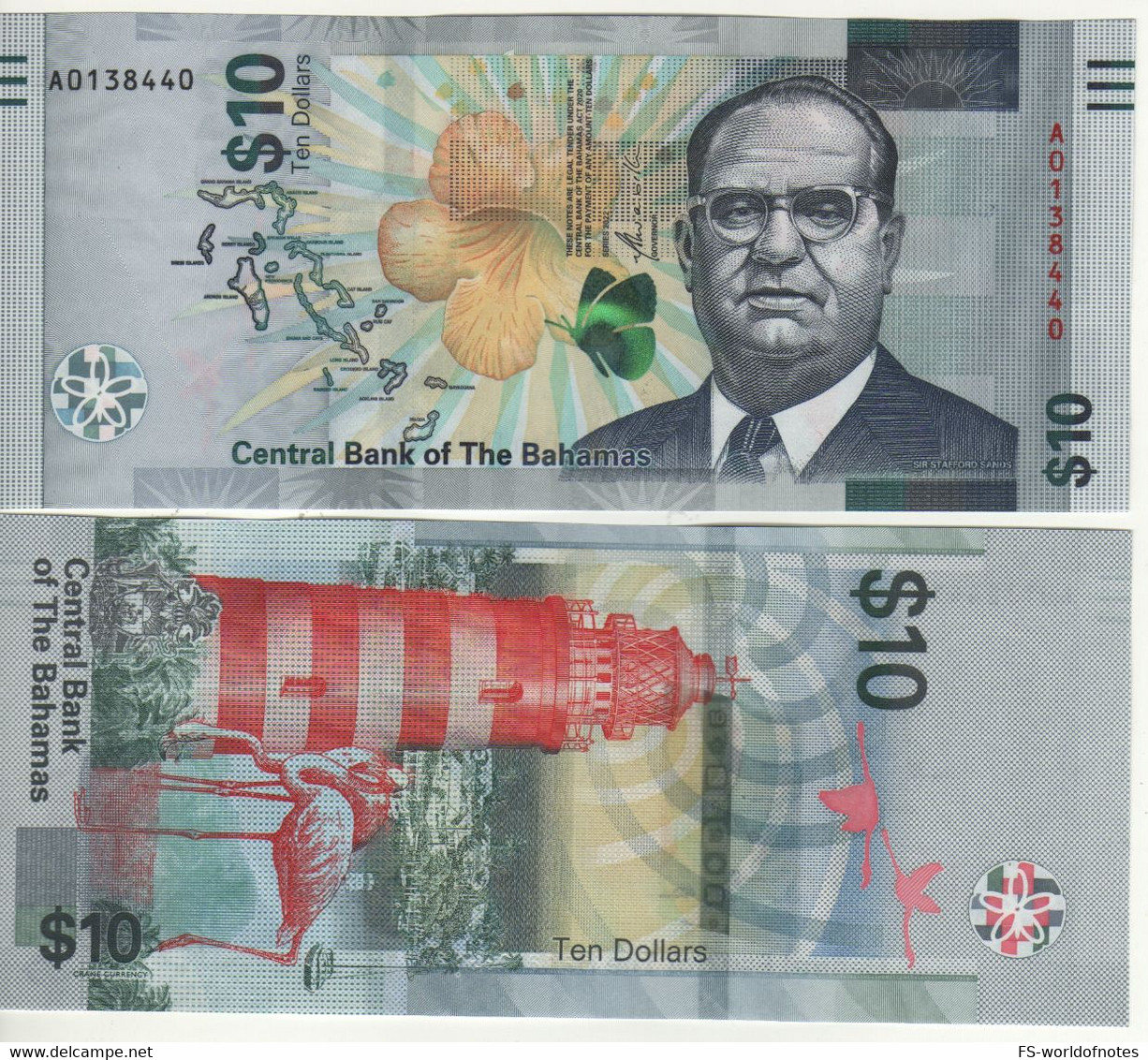 BAHAMAS New 10  Dollars 2022 PW87 (Modified Colours.. Sir Stafford Sands. + Lighthouse & Flamingoes At Back ) - Bahamas