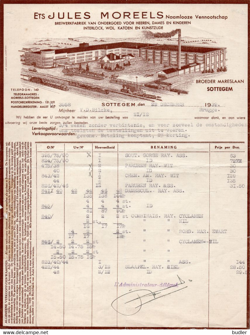 1939 : Factuur Van ## Ets. JULES MOREELS N.V., Broeder Mareslaan, SOTTEGEM ## Aan ## Mr. Van Den Bilcke, BRUGGE ## - Kleidung & Textil