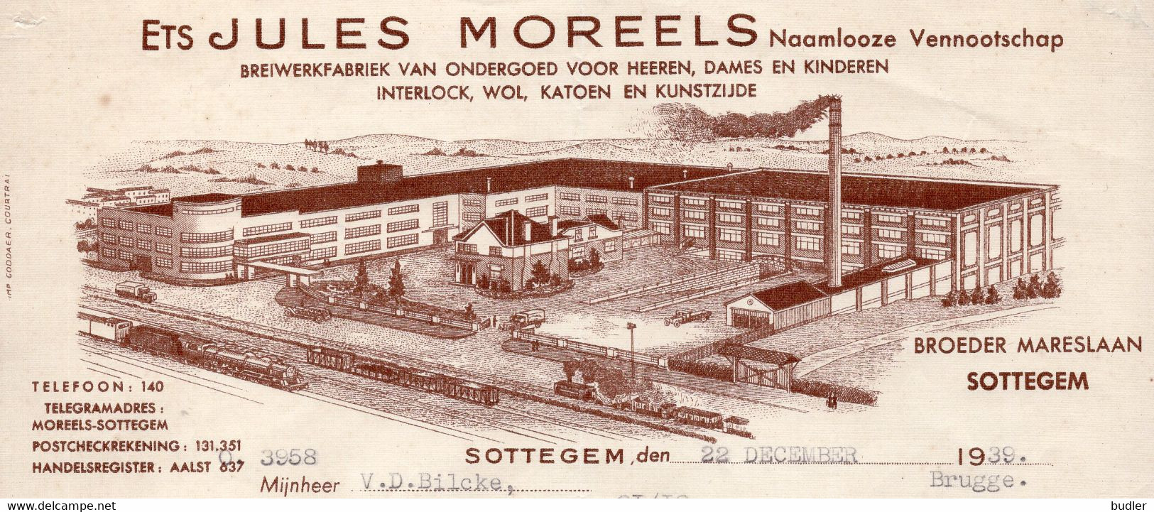 1939 : Factuur Van ## Ets. JULES MOREELS N.V., Broeder Mareslaan, SOTTEGEM ## Aan ## Mr. Van Den Bilcke, BRUGGE ## - Vestiario & Tessile