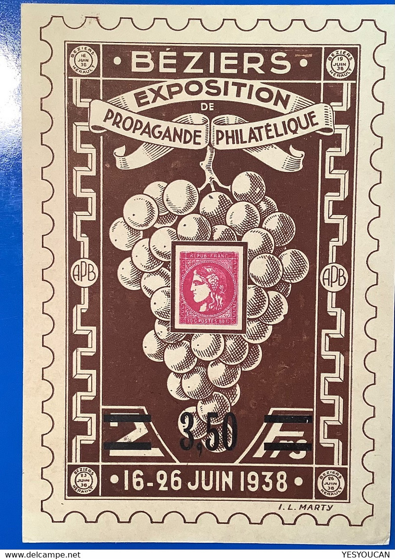 1938France Entier Postal 55cPaix EXPOSITION PHILATELIQUE BEZIERS (vins Wine Raisin Grappes Hérault Philatelic Exhibition - Standard- Und TSC-AK (vor 1995)