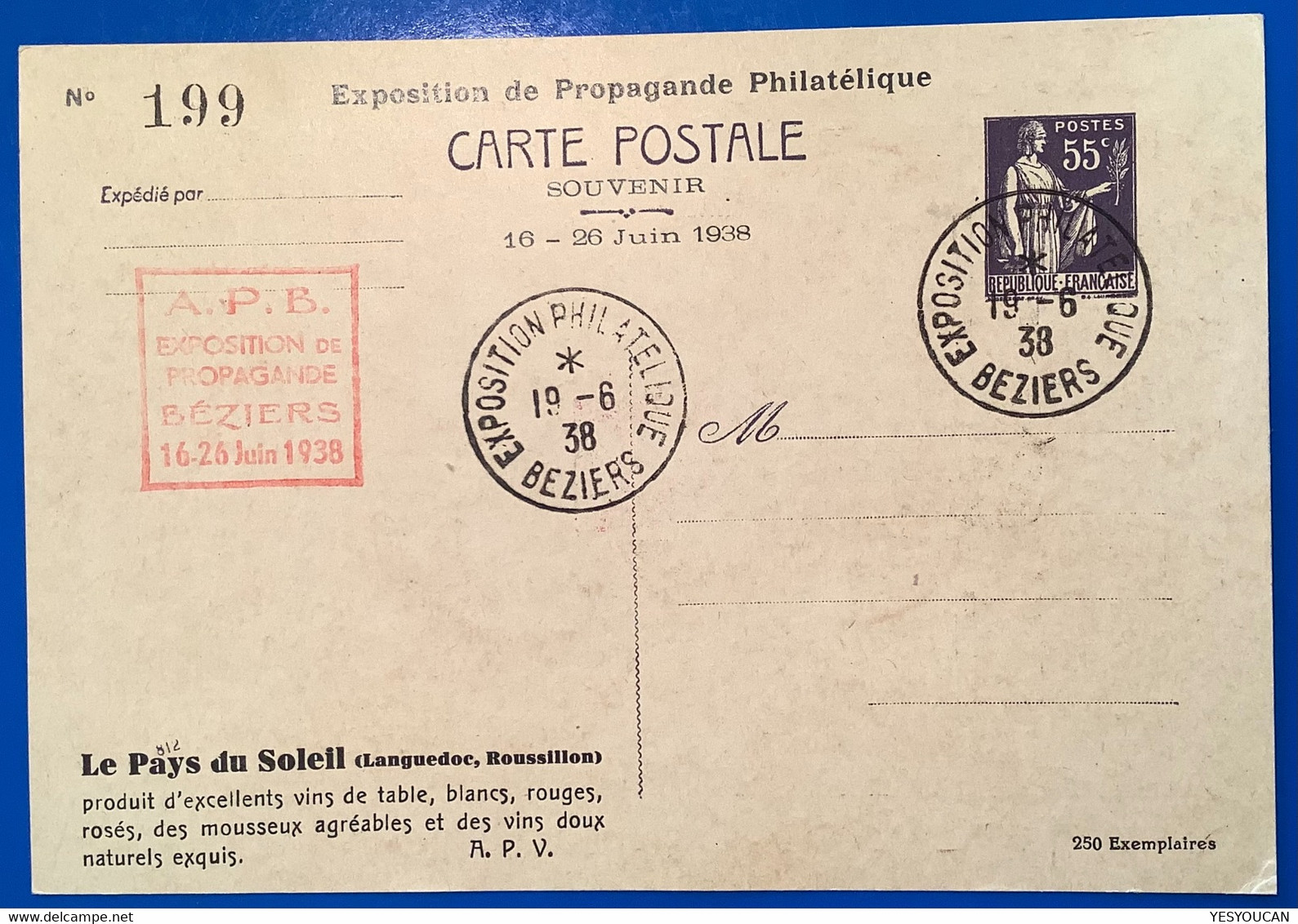1938France Entier Postal 55cPaix EXPOSITION PHILATELIQUE BEZIERS (vins Wine Raisin Grappes Hérault Philatelic Exhibition - Standaardpostkaarten En TSC (Voor 1995)