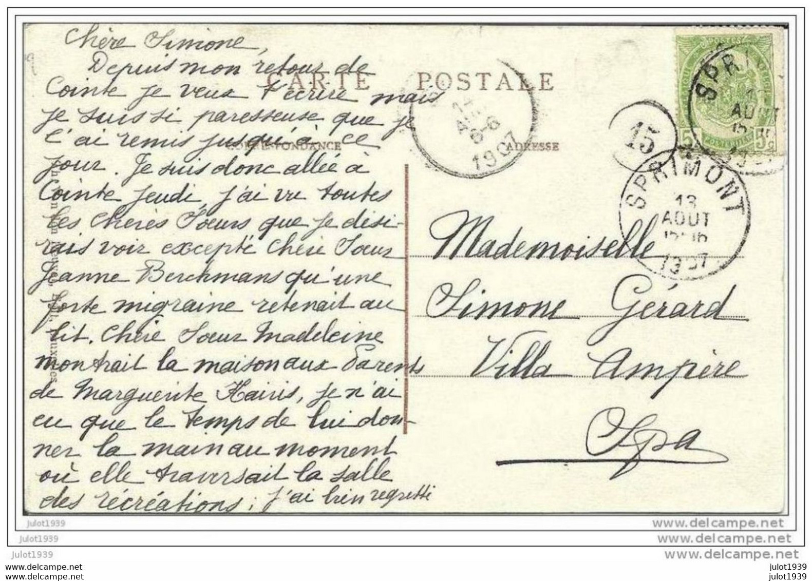 SPRIMONT ..--  CENTRALE ELECTRIQUE  VAN ROGGEN . 1907 Vers SPA ( Melle Simone GERARD ) . Voir Verso . - Sprimont