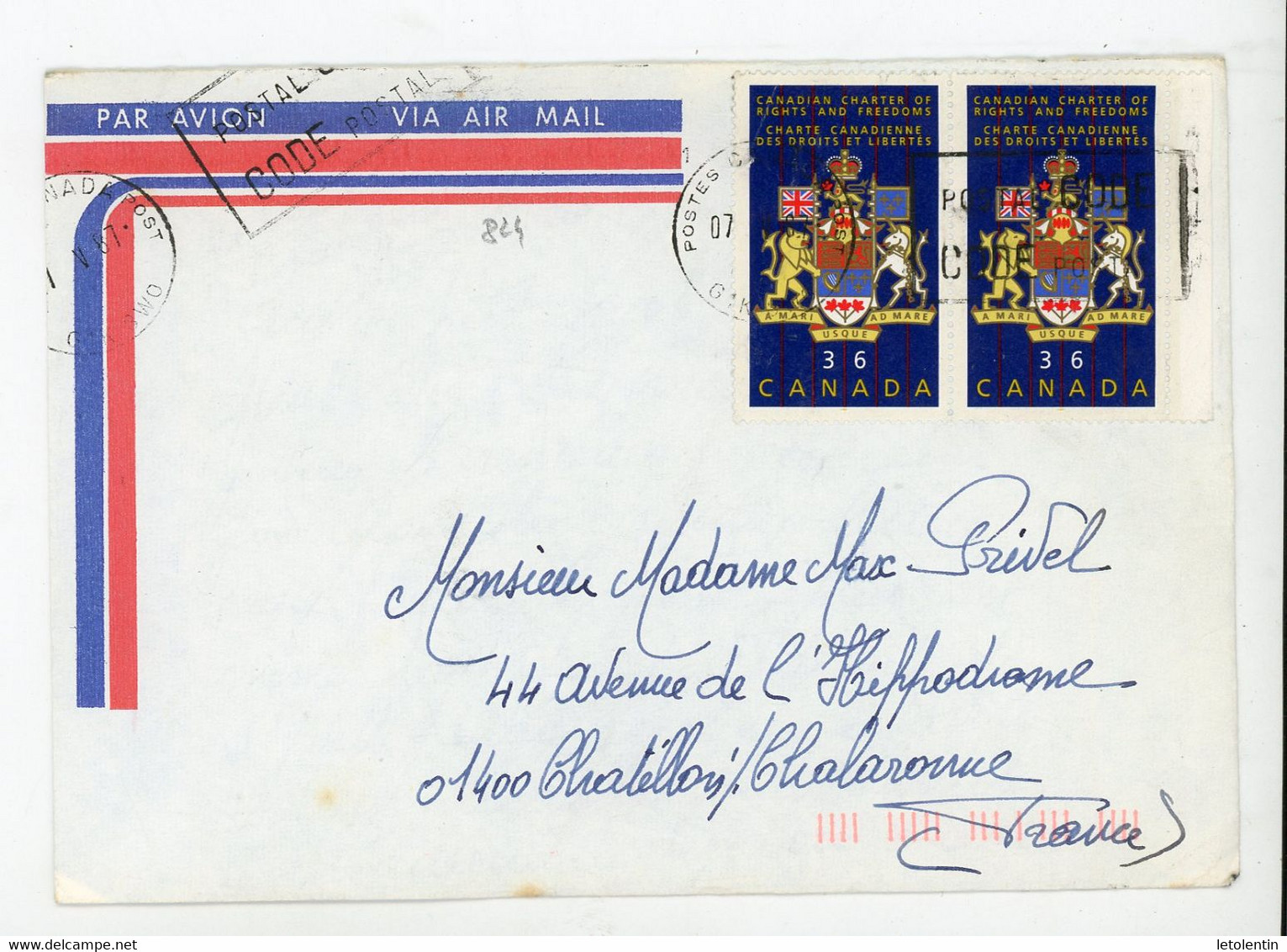 CANADA - TIMBRES SUR ENVELOPPE POUR LA FRANCE Obli. 1987 - Covers & Documents