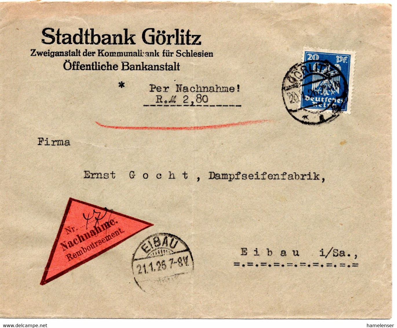 56941 - Deutsches Reich - 1926 - 20Pfg Adler EF A NN-Bf GOERLITZ -> EIBAU - Cartas & Documentos