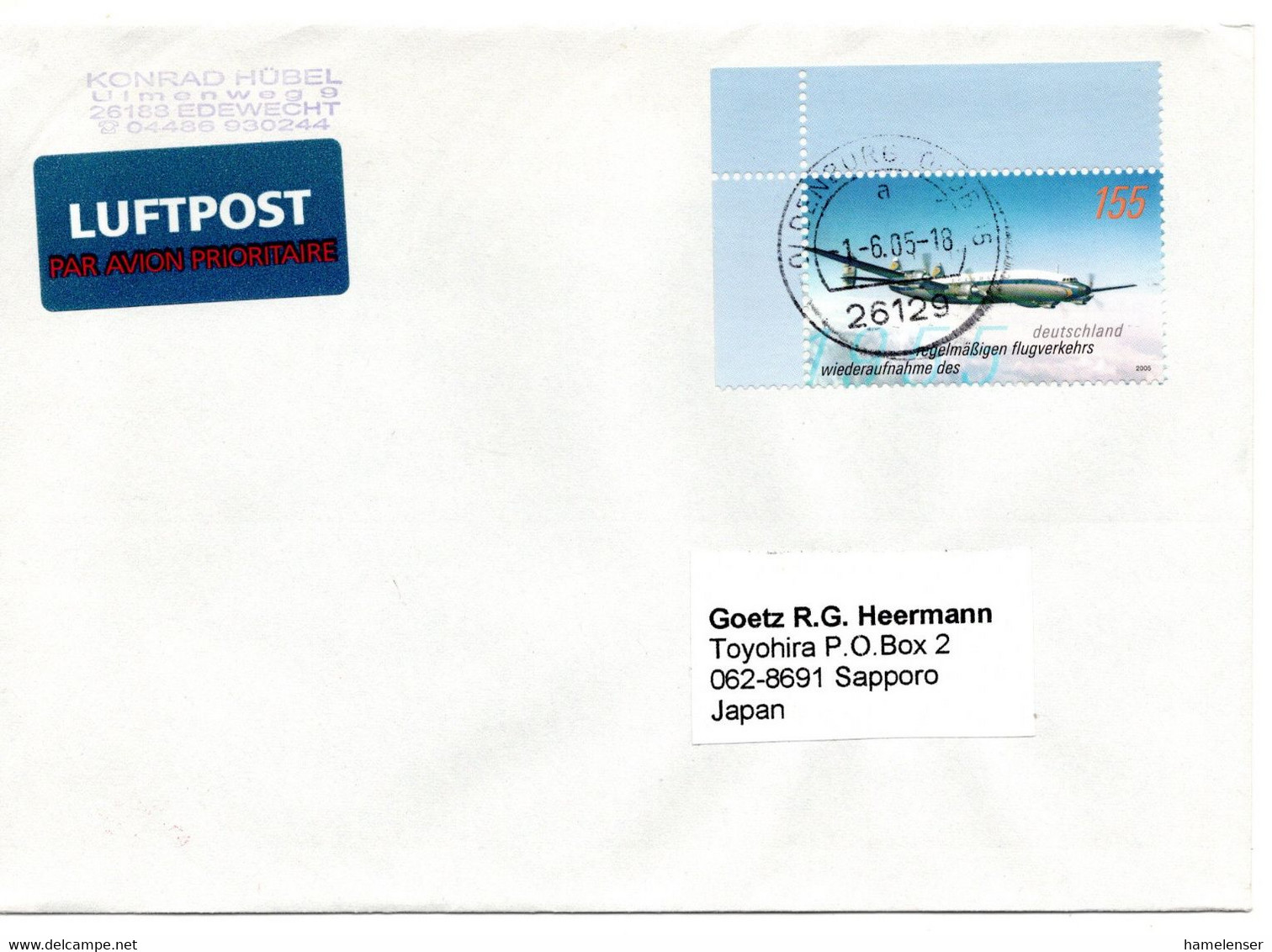 63814 - Bund - 2005 - 155c Flugverkehr EF OLDENBURG -> Japan - Lettres & Documents