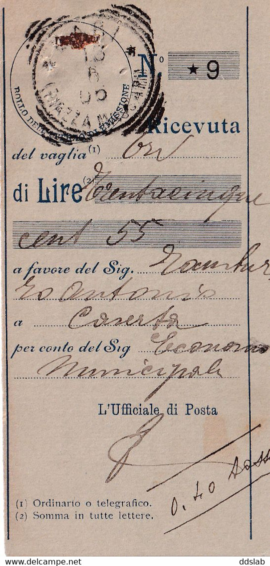 13/6/1905 - Ricevuta Di Vaglia Postale Da 305,55 Lire Da Bari A Caserta - Tondo Riquadrato Bari (Piazza Massari) [6Pt] - Tax On Money Orders