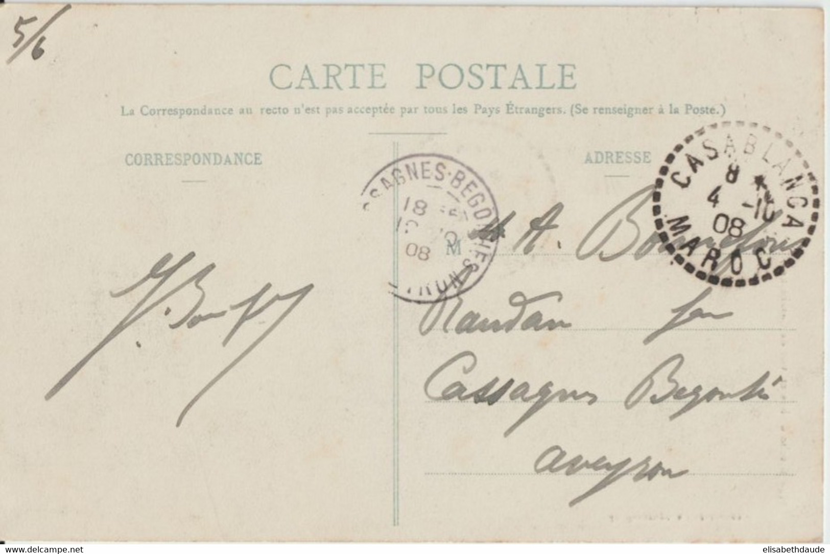 MAROC - 1908 - CP De CASABLANCA (BUREAU FRANCAIS) ! => AVEYRON - Lettres & Documents