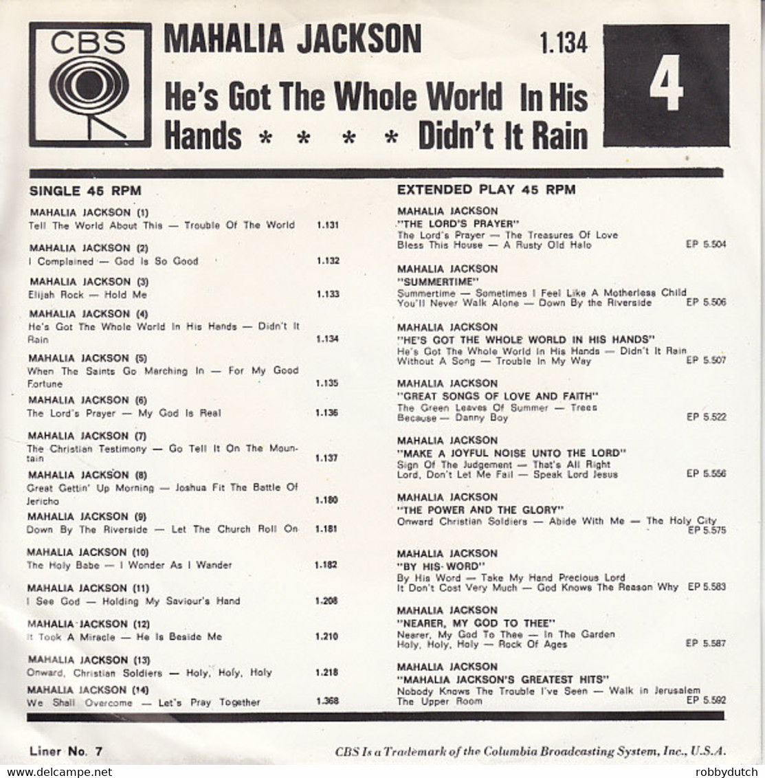 * 7" *  MAHALIA JACKSON - HE'S GOT THE WHOLE WORLD IN HIS HANDS (Holland 1963) - Canciones Religiosas Y  Gospels