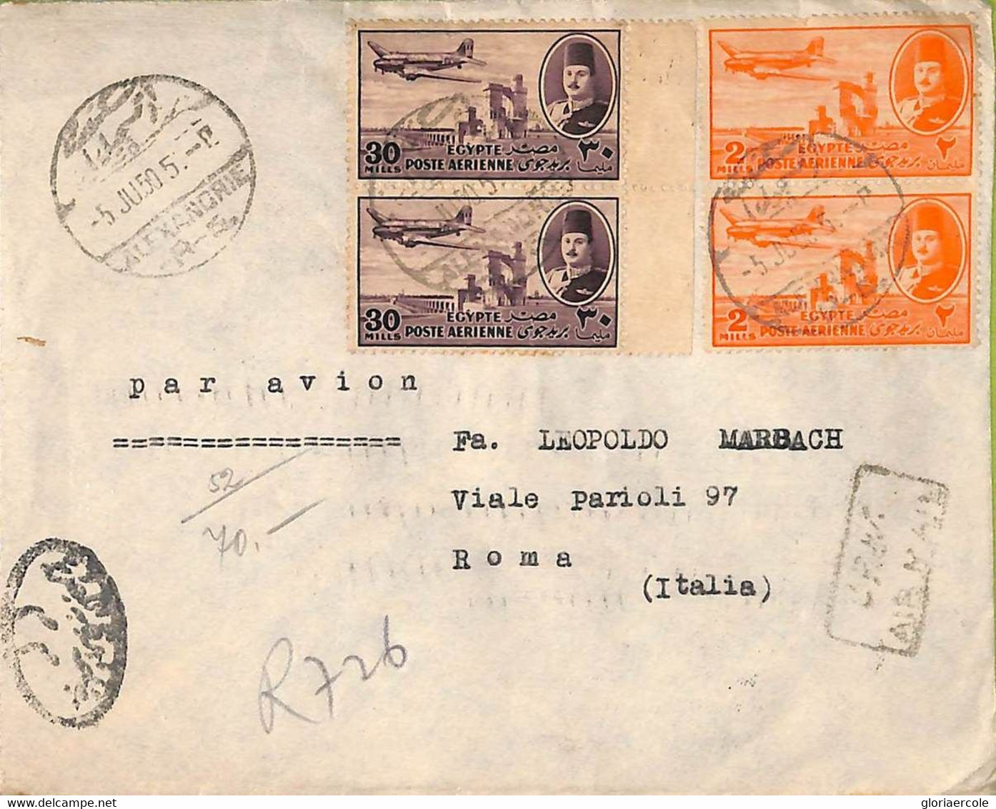 Ac6632 -  EGYPT  - Postal History - AIRMAIL Cover To ITALY  1950 - Cartas & Documentos