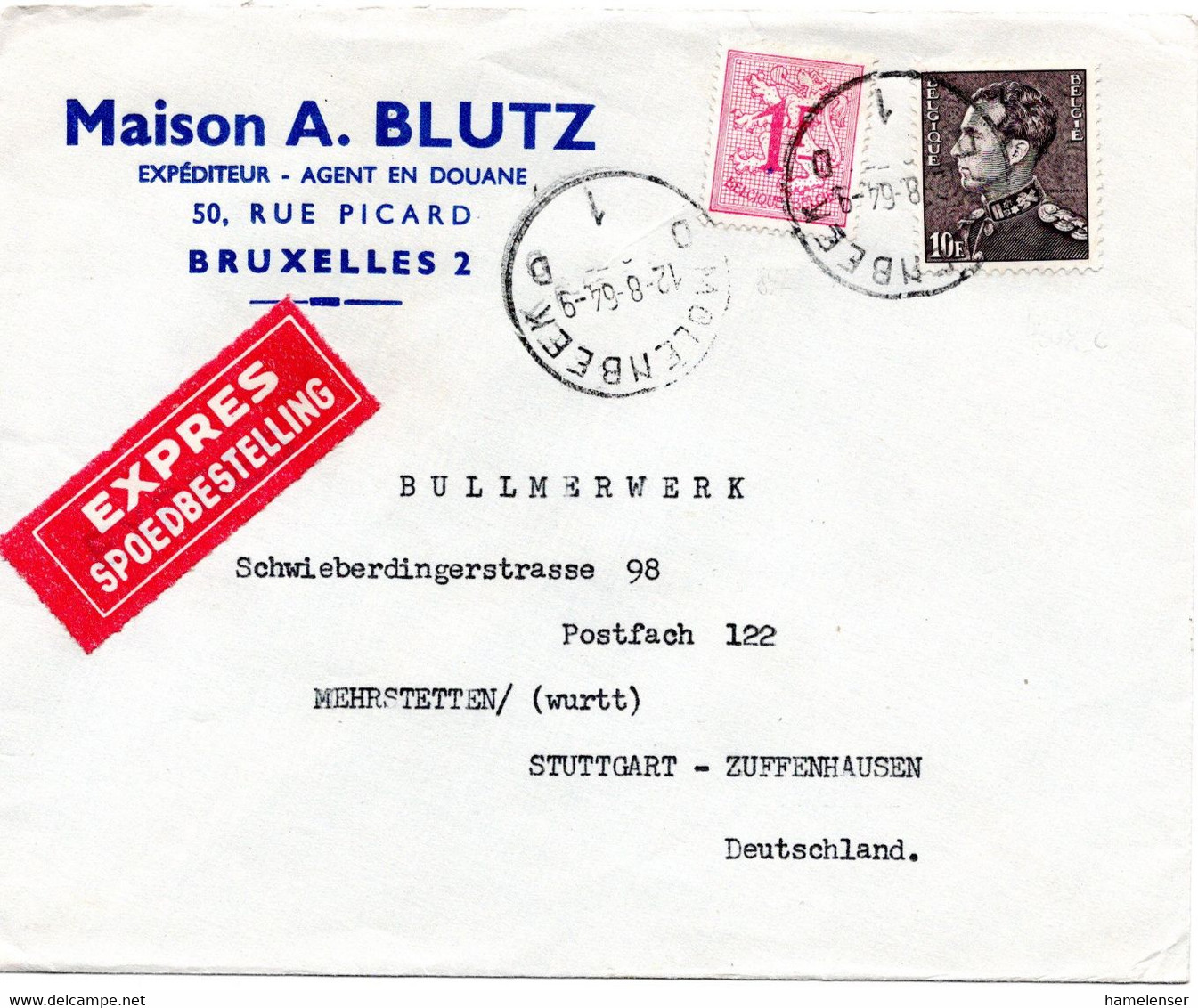 63828 - Belgien - 1964 - 10F Baudouin MiF A EilBf MOLENBEEK -> STUTTGART (Westdeutschland) - Covers & Documents