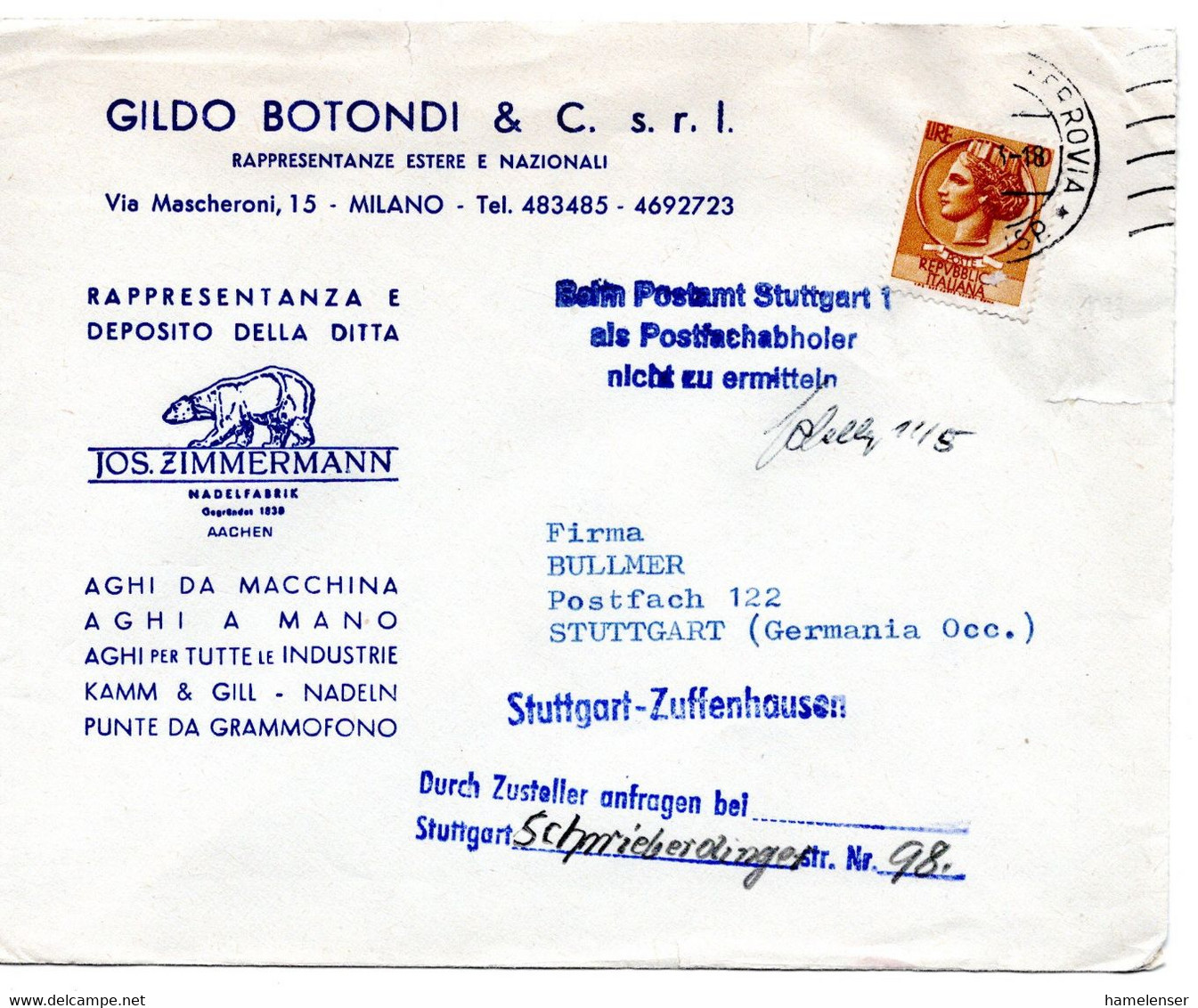 63832 - Italien - 1966 - 30L Siracusa EF A Bf MILANO -> Westdeutschland, M Dt Posthinweisstpln - 1961-70: Marcophilia
