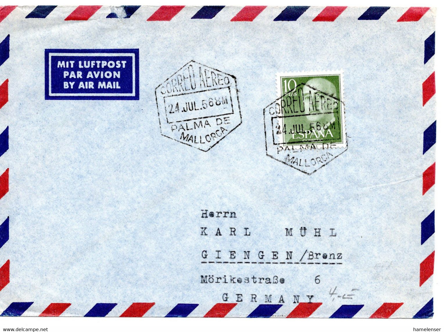 63837 - Spanien - 1956 - 10Ptas Franco EF A LpBf PALMA DE MALLORCA -> Westdeutschland - Covers & Documents