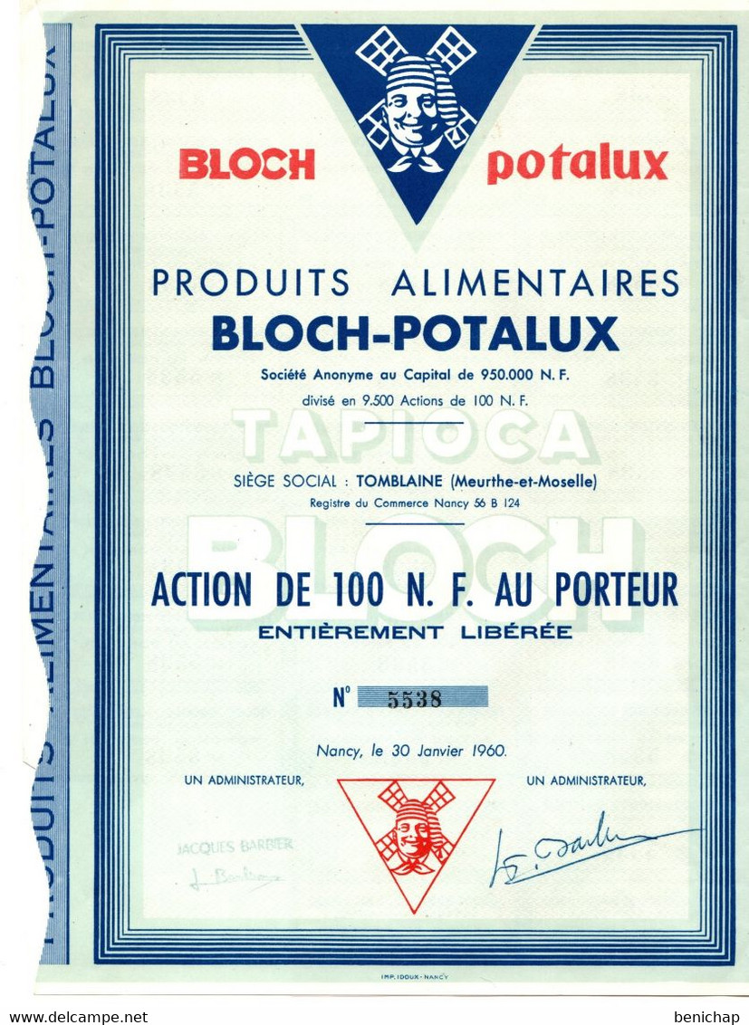 Bloch Potalux- Produits Alimentaires S.A. - Action De 100 N.F. Au Porteur - Nancy Janvier 1960. - Agricultura