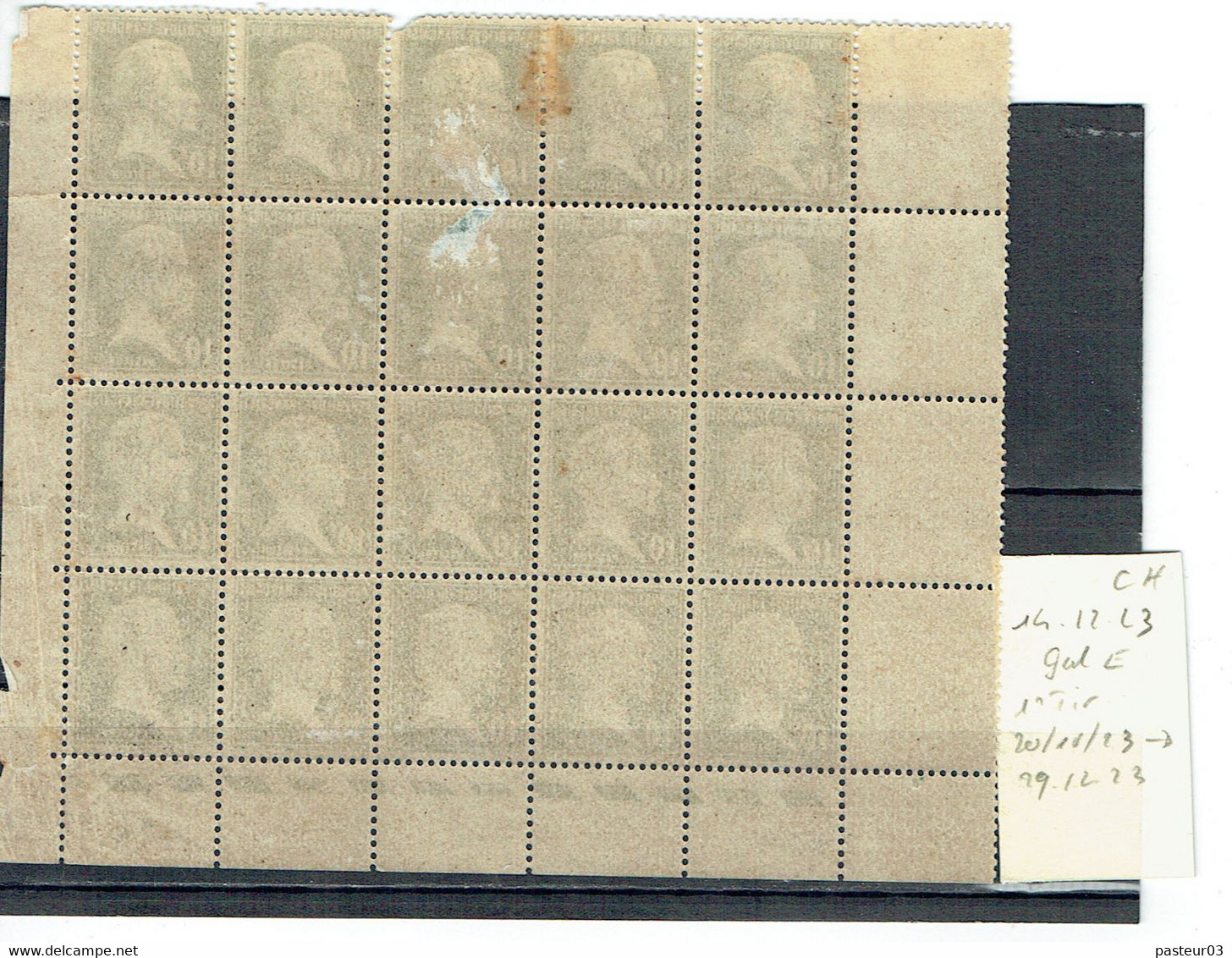 170 Pasteur 10 C. Vert Bloc De 20 Timbres Coin Daté 1923-12-14 Charnière Cyl. E - 1922-26 Pasteur