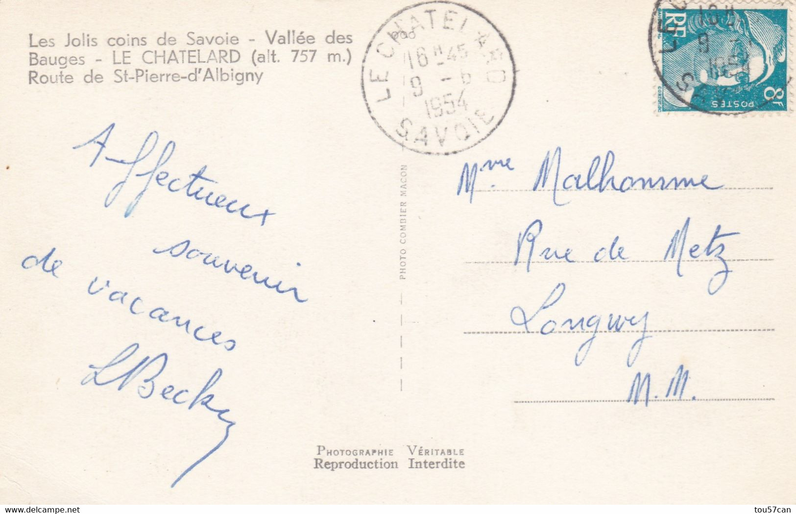 LE CHATELARD - CHAMBERY - SAVOIE - (73) - CPSM DENTELEE DE 1954...BEL AFFRANCHISSEMENT POSTAL... - Le Chatelard
