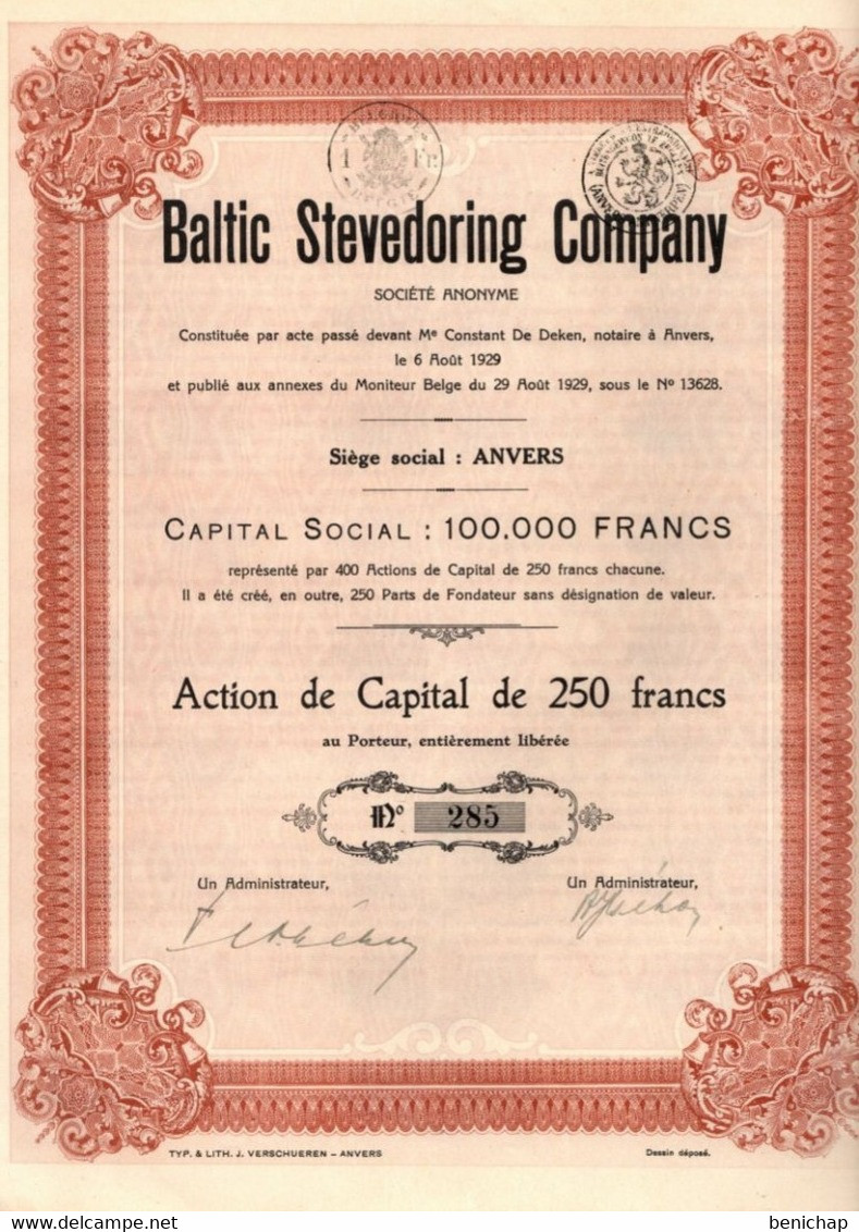 Baltic Stevedoring Company S.A. - Action De Capital De 250 Frs. - Anvers Août 1929. - Trasporti