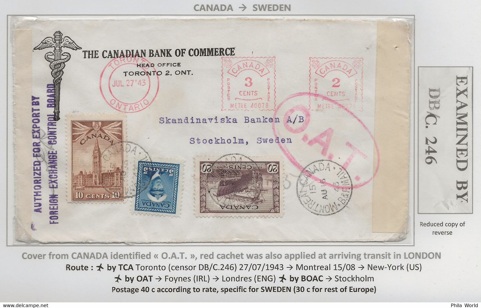 OAT 1943 CANADA Meter Postage EMA Air Mail Cover > SWEDEN US Censor EXAMINED DB/C 246 Censortape From TORONTO - Lettres & Documents