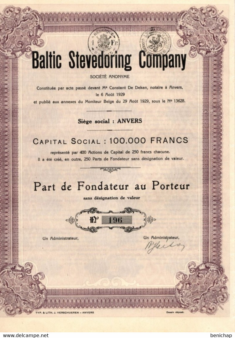 Baltic Stevedoring Company S.A. - Part De Fondateur Au Porteur - Anvers Août 1929. - Transports